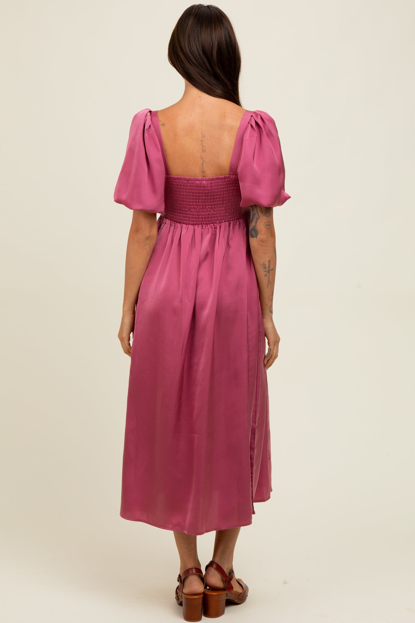open lace back dress Mauve Satin Pleated Bodice Puff Sleeve Midi Dress
