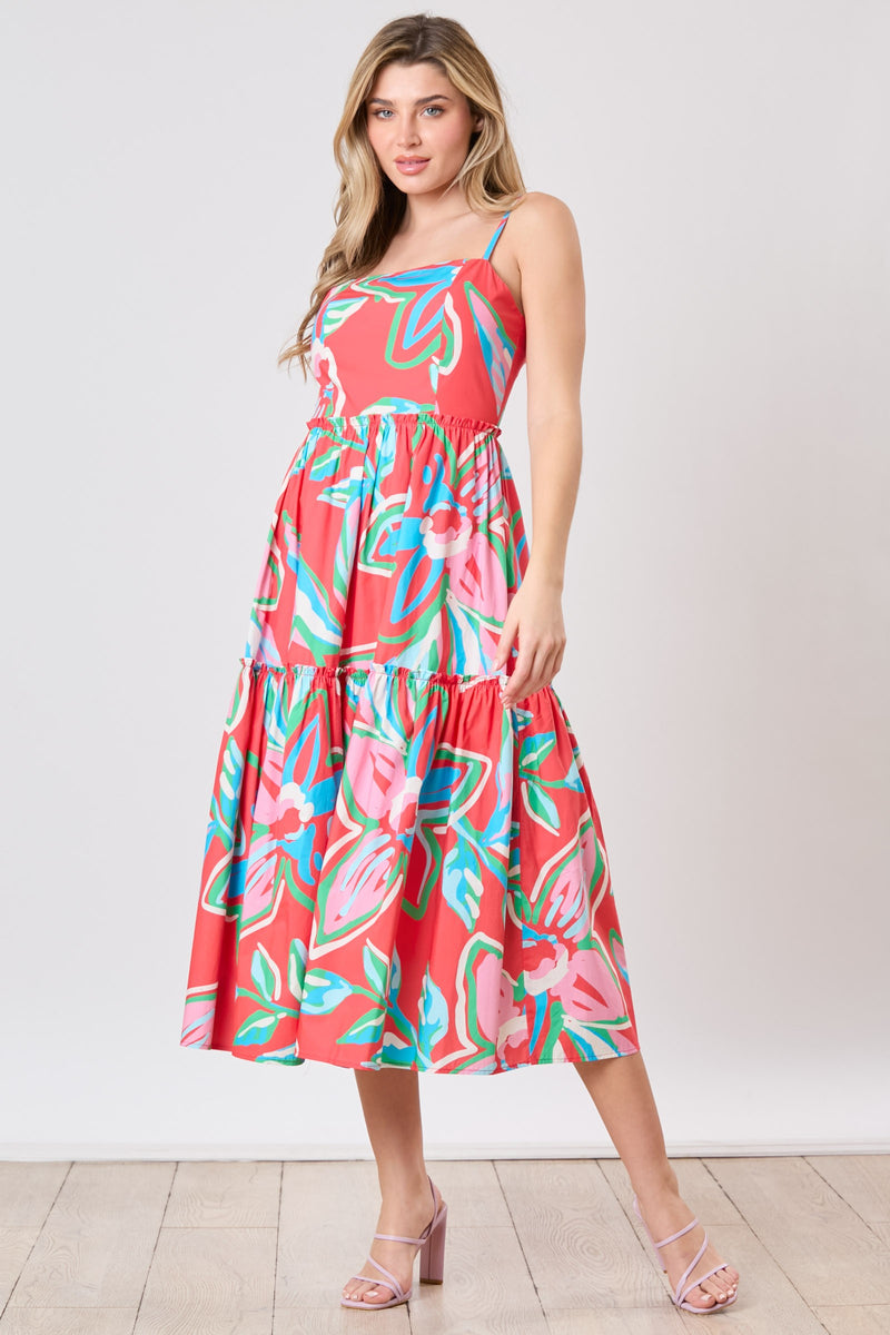 red floral print midi dress Red Multi Floral Print Tiered Midi Dress – PinkBlush