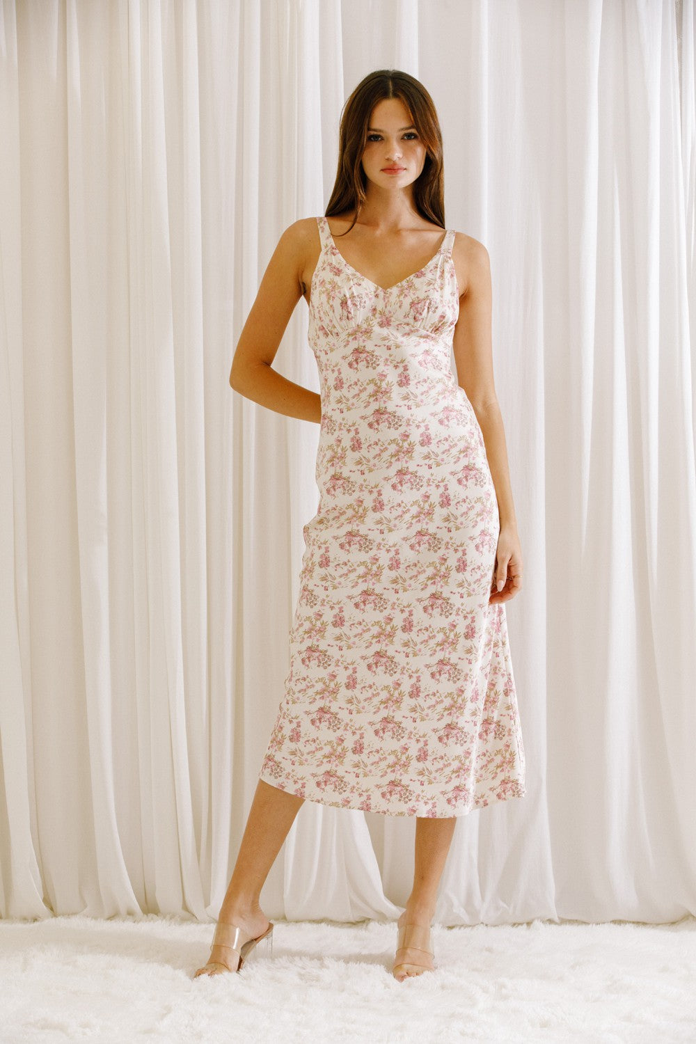 cream floral bodycon dress O.P.T. Flora - Cream Floral Print Dress - Ruffled Bodycon Dress