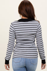 Heather Grey Striped Ribbed Collared Long Sleeve Top