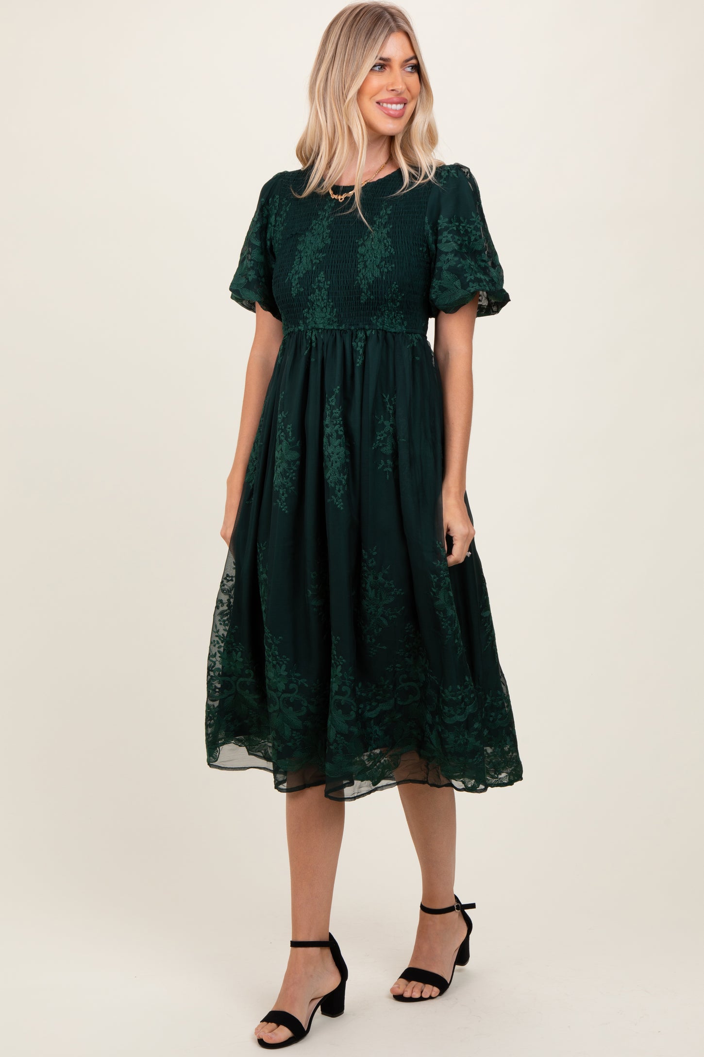 Forest Green Floral Lace Smocked Maternity Midi Dress PinkBlush Forest Green Floral Lace Smocked Maternity Midi Dress PinkBlush