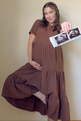 Mocha Gingham Tiered Maternity Midi Dress