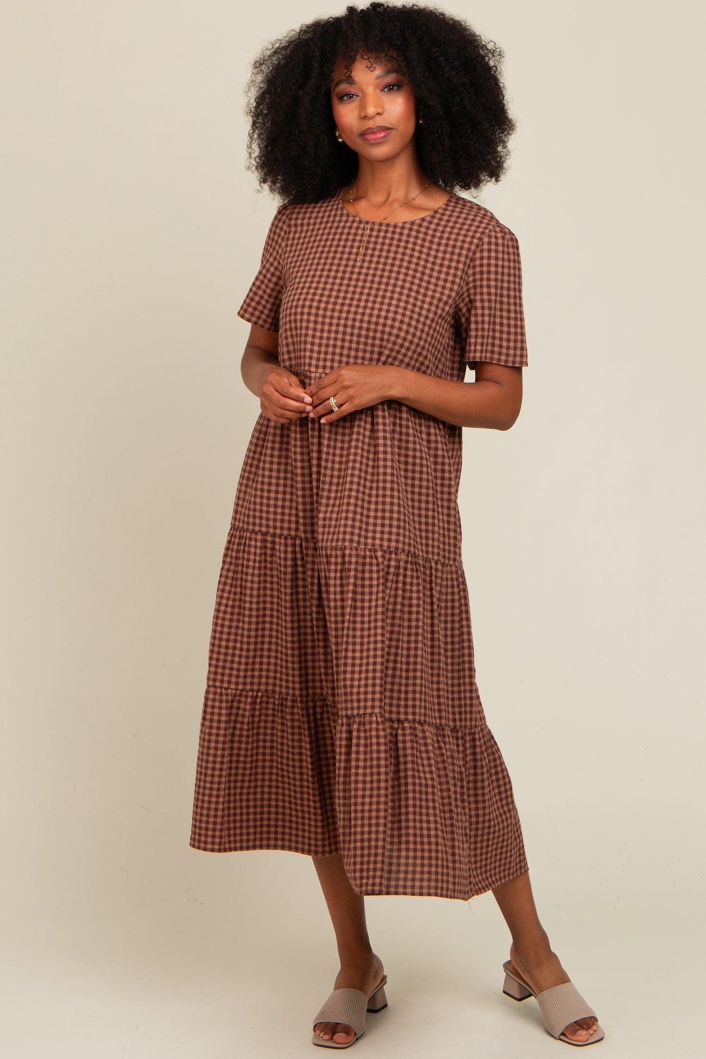Mocha Gingham Tiered Maternity Midi Dress – PinkBlush