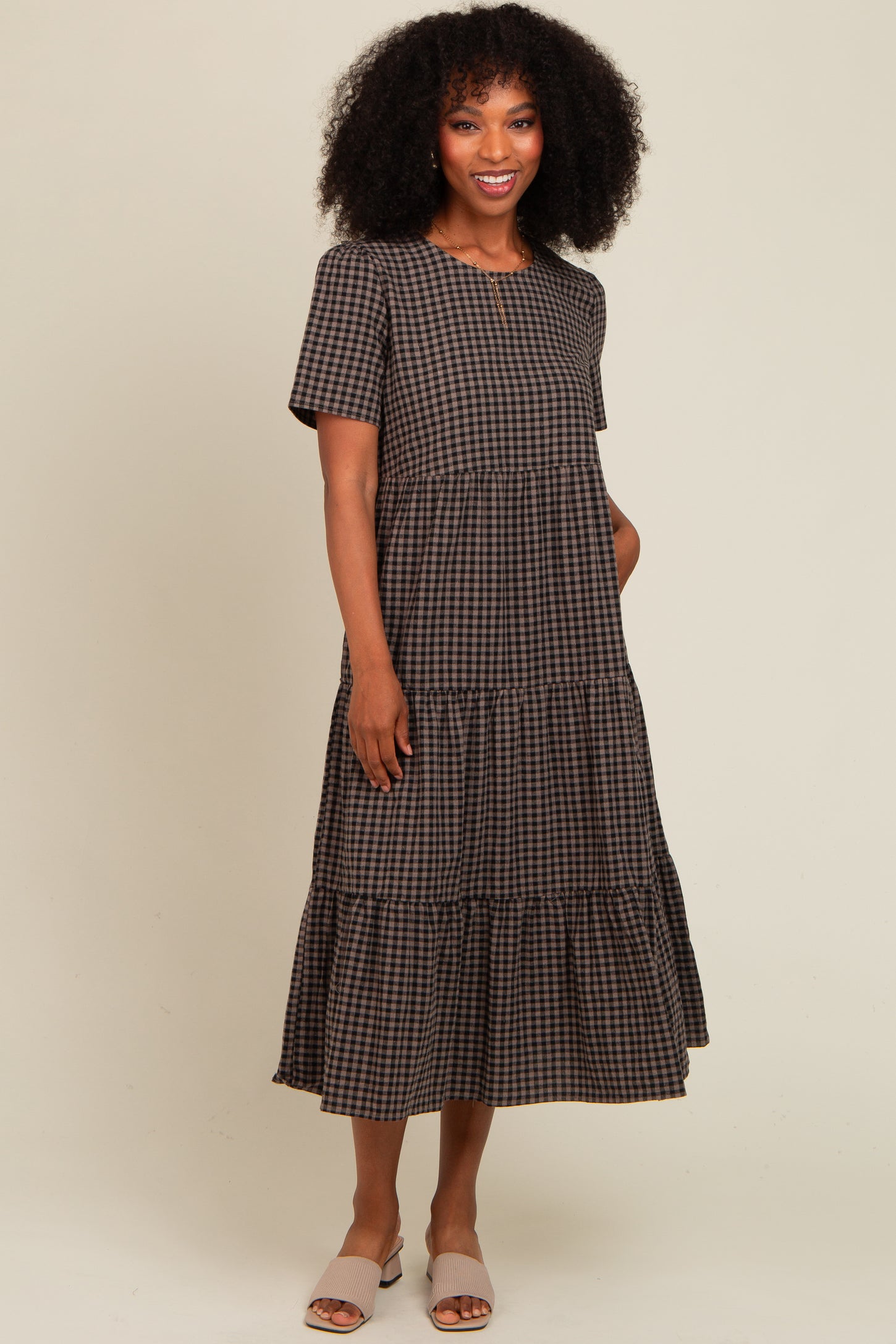 Black Gingham Tiered Midi Dress