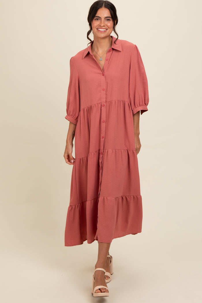 Salmon  Tiered Button Down Midi Dress