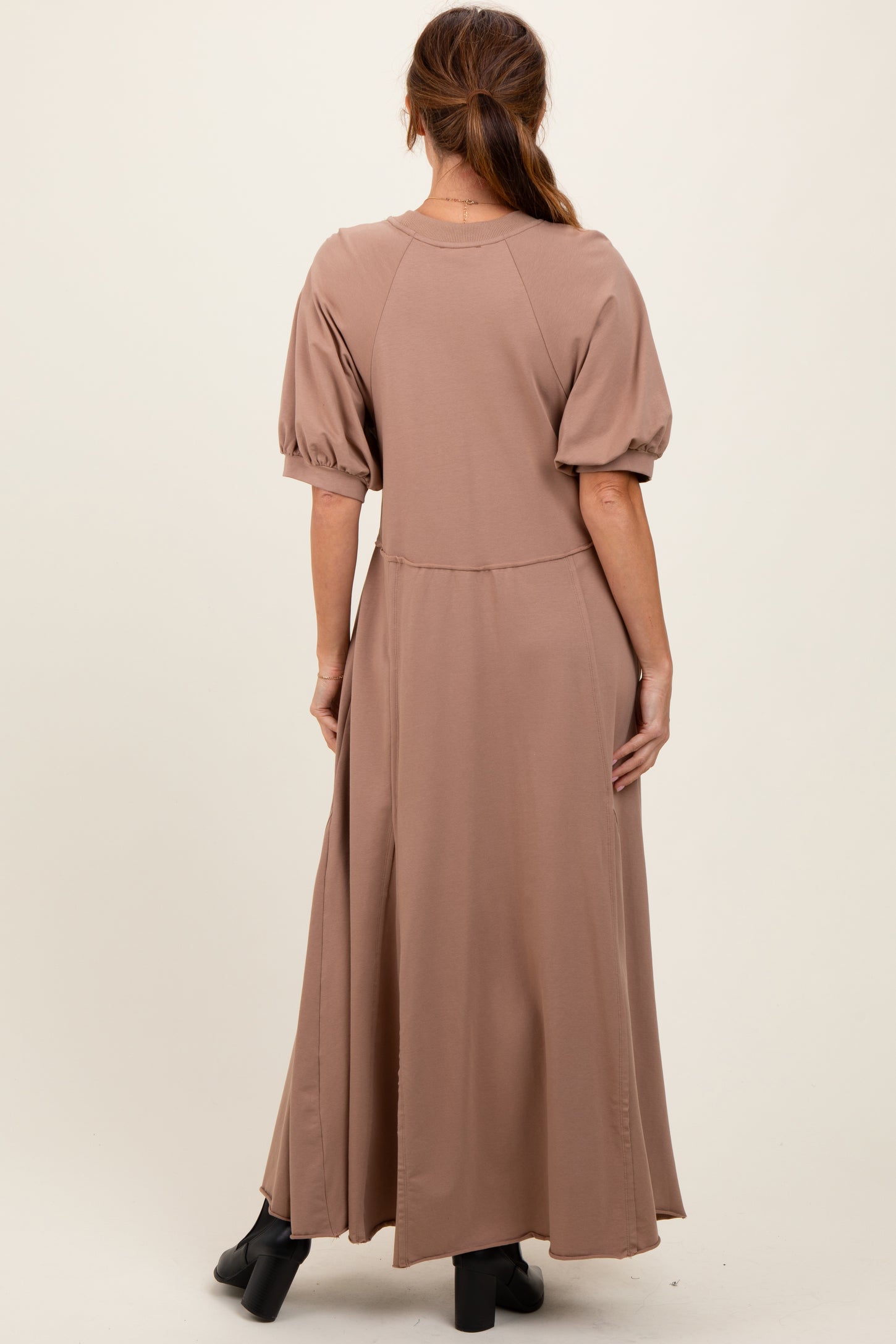 taupe midi dress with sleeves Taupe Puff Sleeve Basic Midi Dress