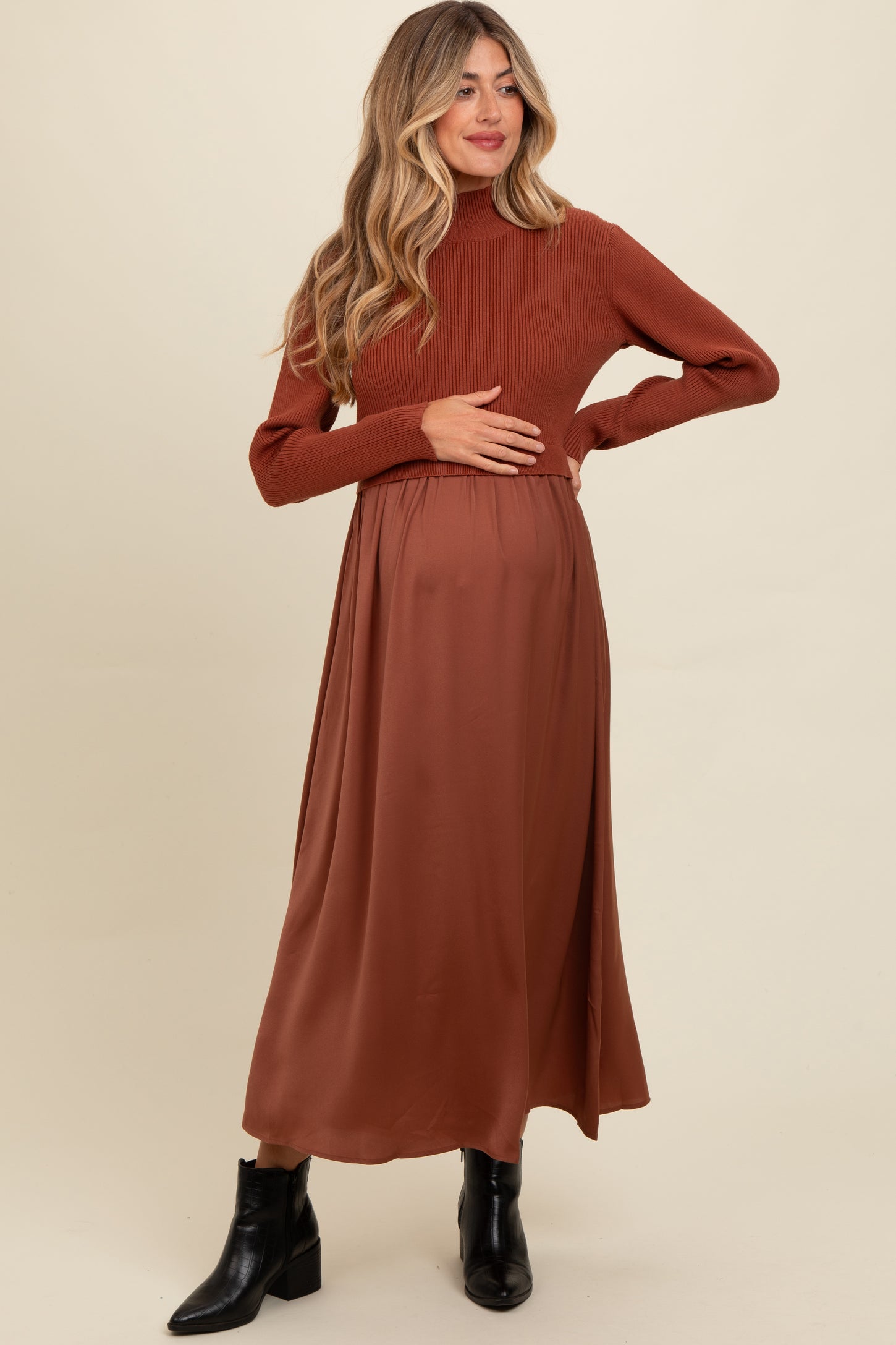 Brown Knit Contrast Top Satin Maternity Midi Dress – PinkBlush