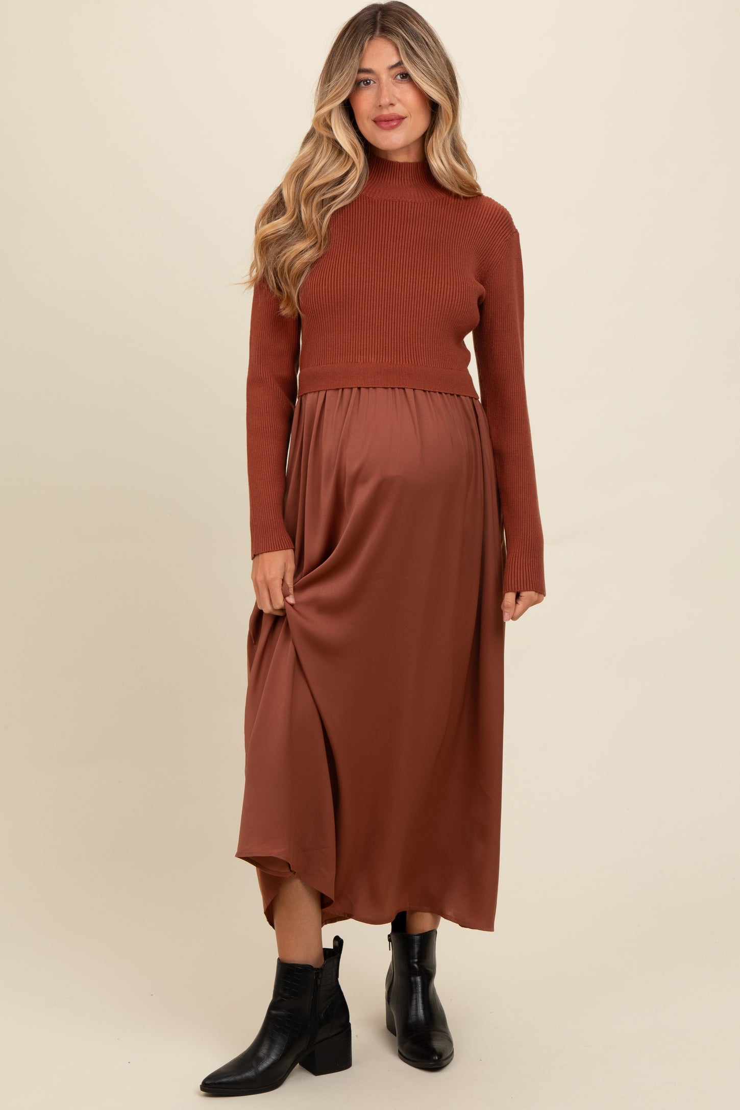 Brown Knit Contrast Top Satin Maternity Midi Dress PinkBlush Brown Knit Contrast Top Satin Maternity Midi Dress PinkBlush