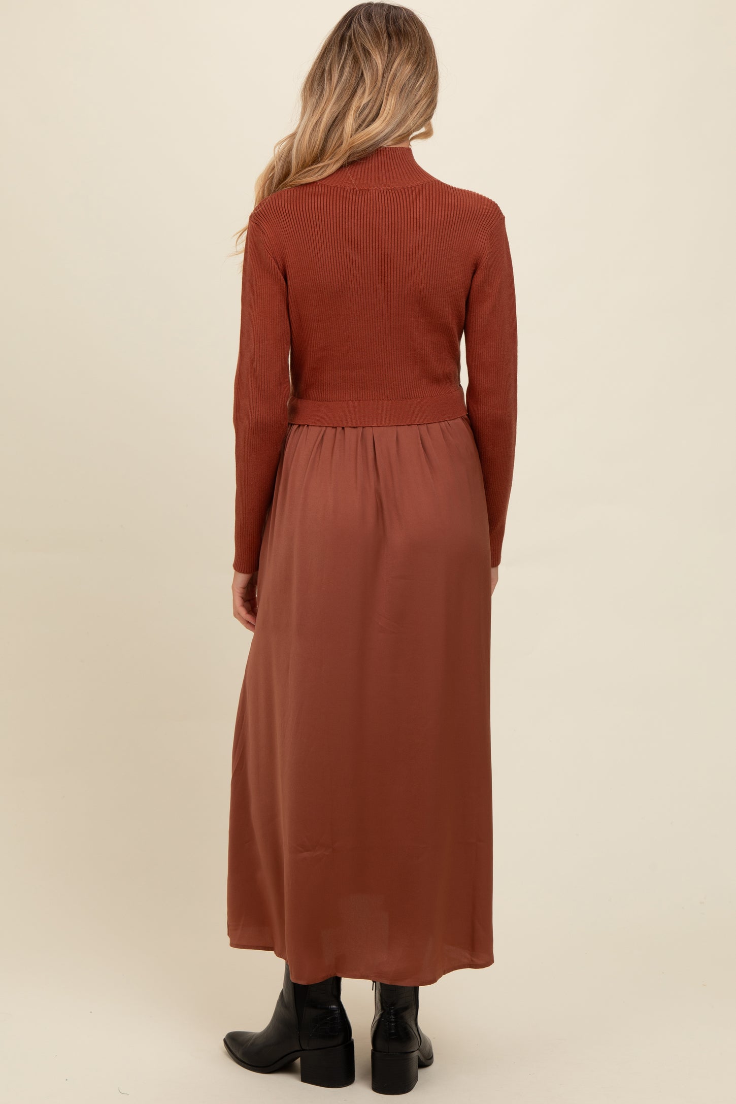 Brown Knit Contrast Top Satin Maternity Midi Dress PinkBlush Brown Knit Contrast Top Satin Maternity Midi Dress PinkBlush
