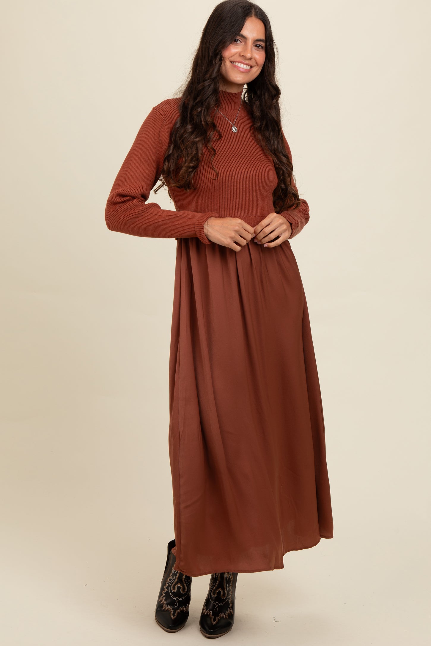 Brown Knit Contrast Top Satin Maternity Midi Dress – PinkBlush