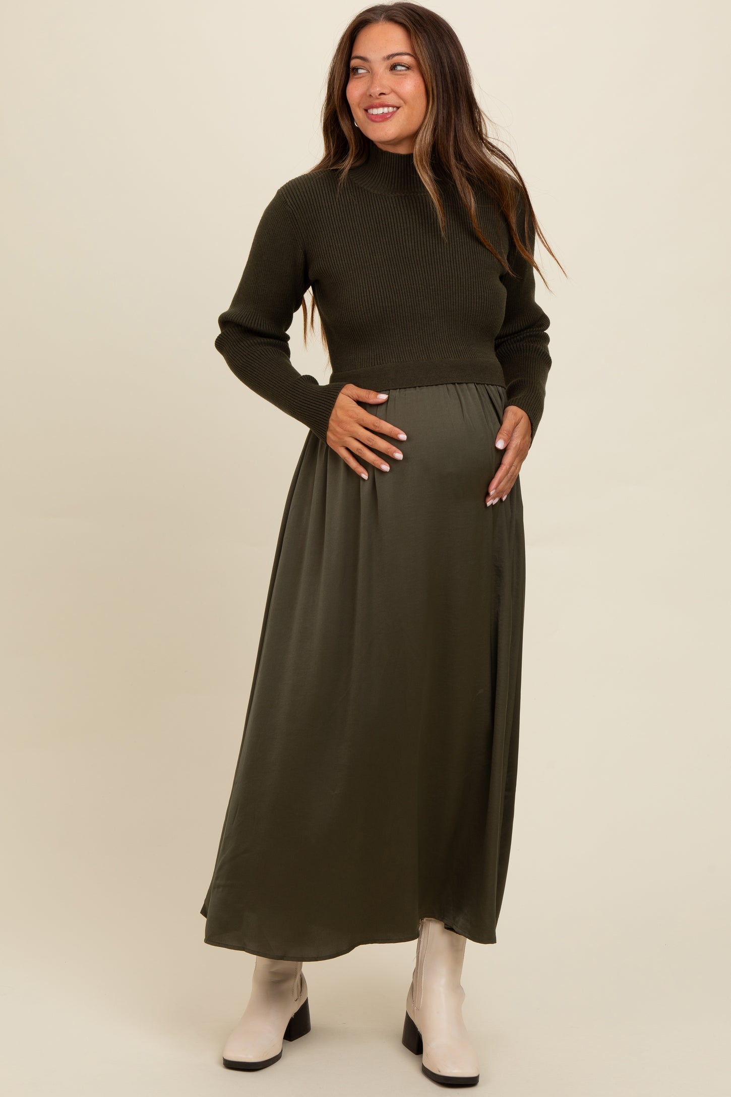 maternity dress midi Olive Knit Contrast Top Satin – PinkBlush PublishMonth: 02-2026 the Waterfall dress ticks Jaylene Nude Halter Midi length:140 cm_55.12 inch