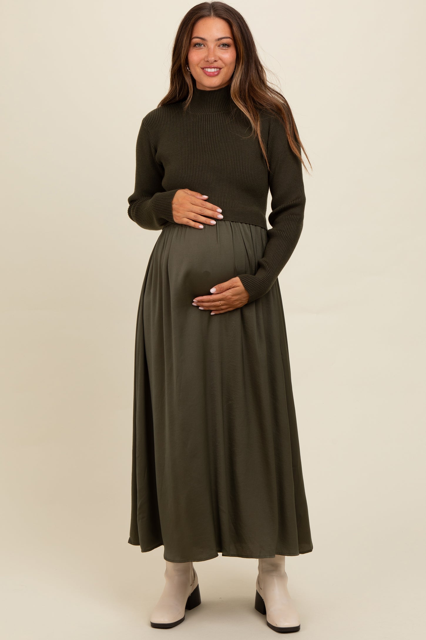 Olive Knit Contrast Top Satin Maternity Midi Dress – PinkBlush