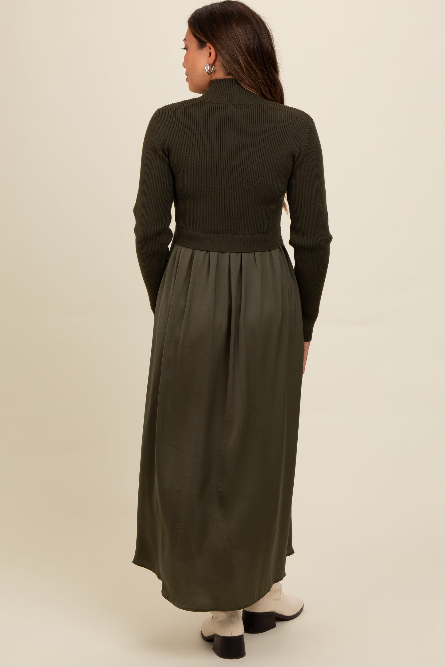 Olive Knit Contrast Top Satin Maternity Midi Dress Olive Knit Contrast Top Satin Maternity Midi Dress