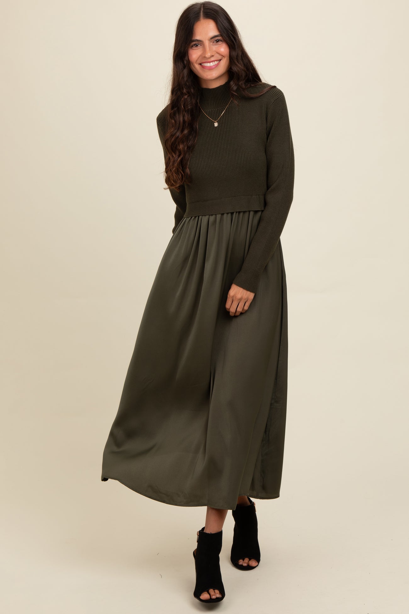 long sleeve olive green midi dress Women's Long Sleeve Midi Dress