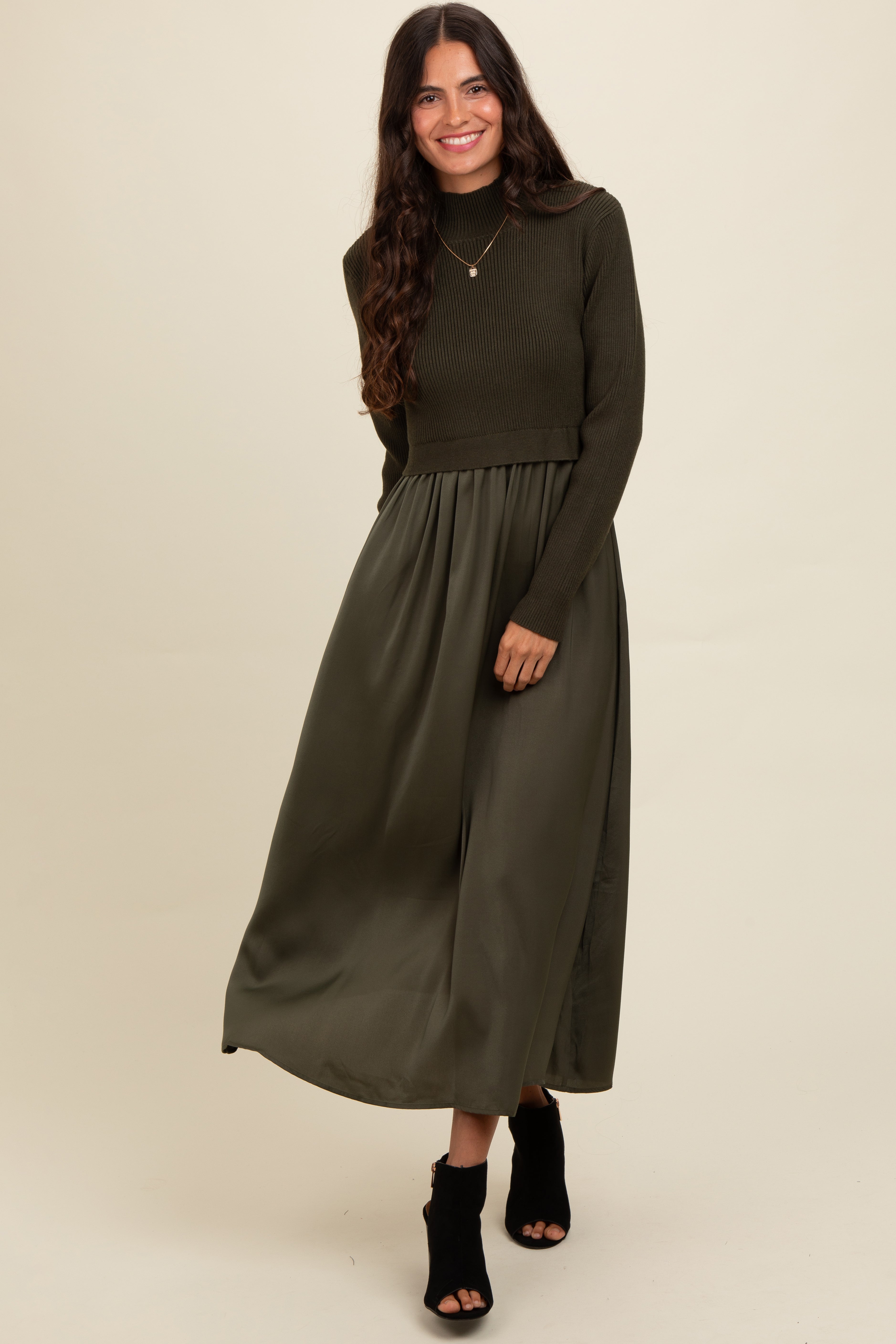 Olive Knit Contrast Top Satin Midi Dress  PinkBlush