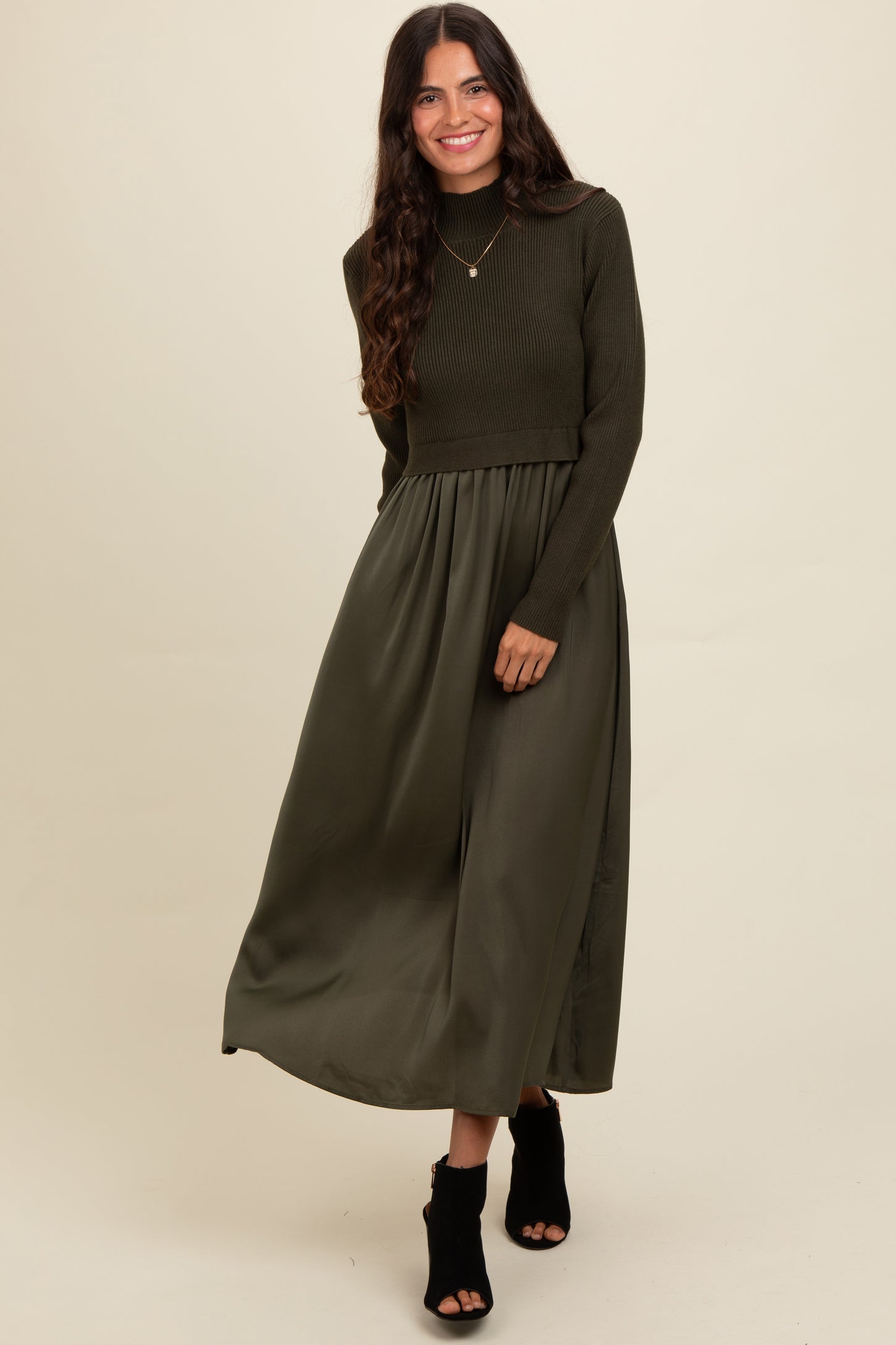 olive knit dress Contrast Top Satin Maternity Midi – PinkBlush type:Heel Color:Gunmetal* To avoid snagging or Jessica Howard | Dresses
