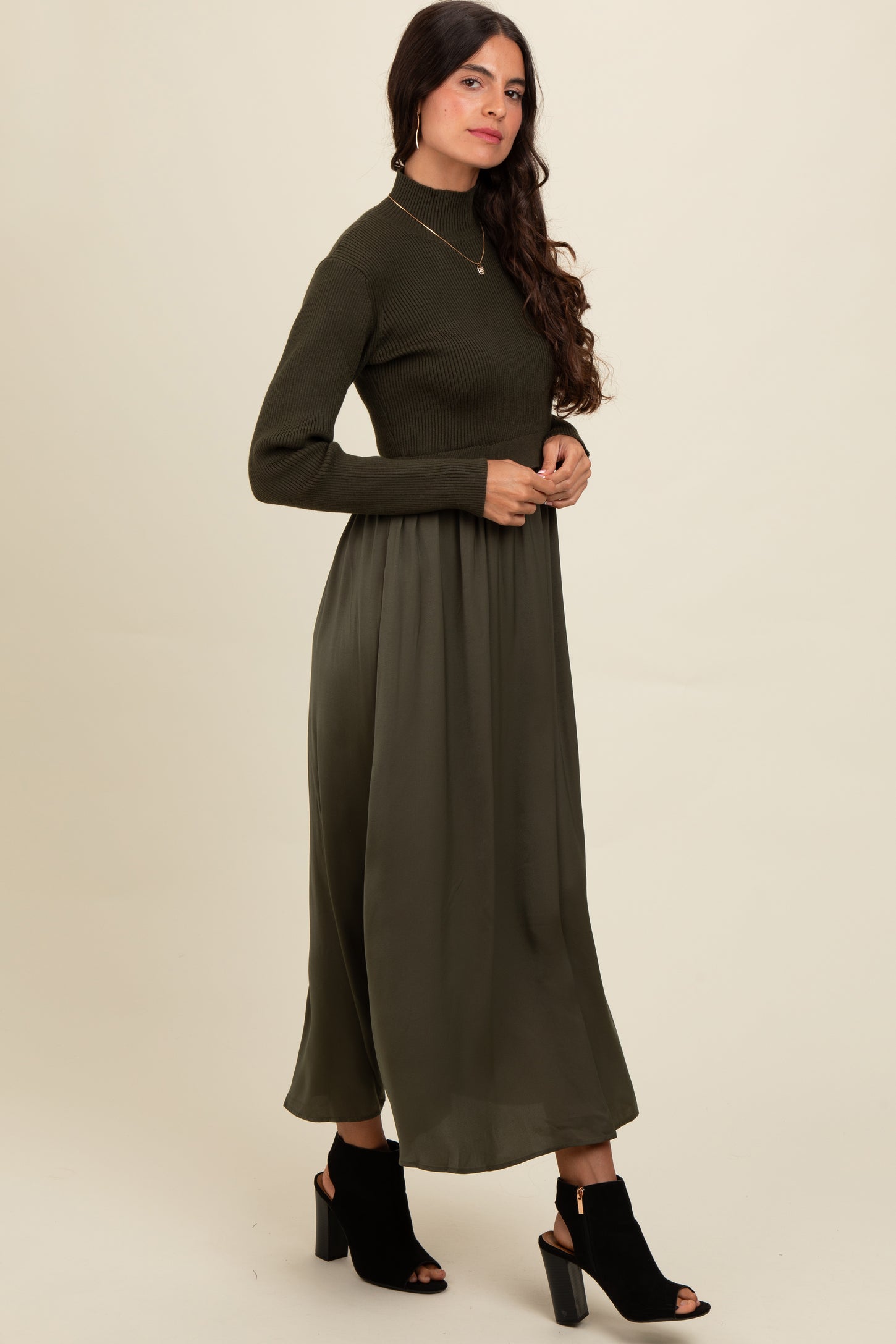 Olive Knit Contrast Top Satin Midi Dress PinkBlush Olive Knit Contrast Top Satin Midi Dress PinkBlush