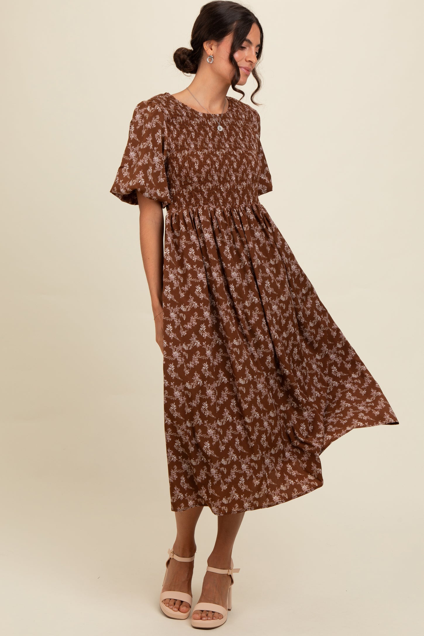 Brown Floral Smocked Midi Dress PinkBlush Brown Floral Smocked Midi Dress PinkBlush
