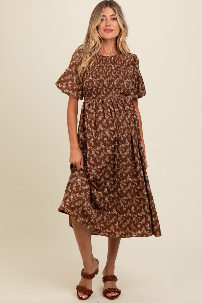 Brown Floral Smocked Maternity Midi Dress – PinkBlush
