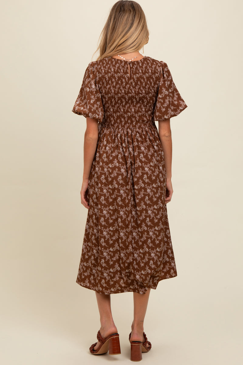 Brown Ribbed Button Maternity Midi Dress main image 1