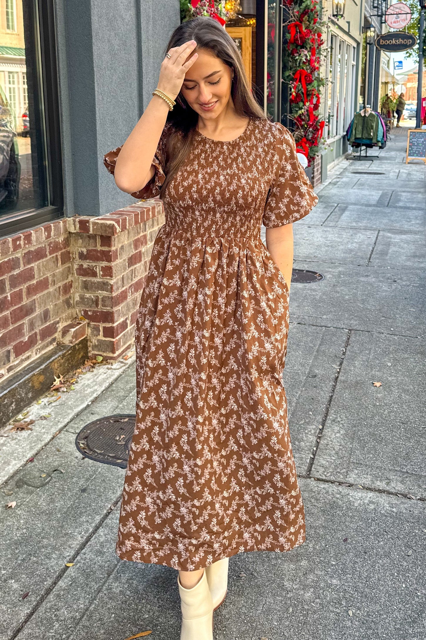 Brown Floral Smocked Midi Dress Brown Floral Smocked Midi Dress