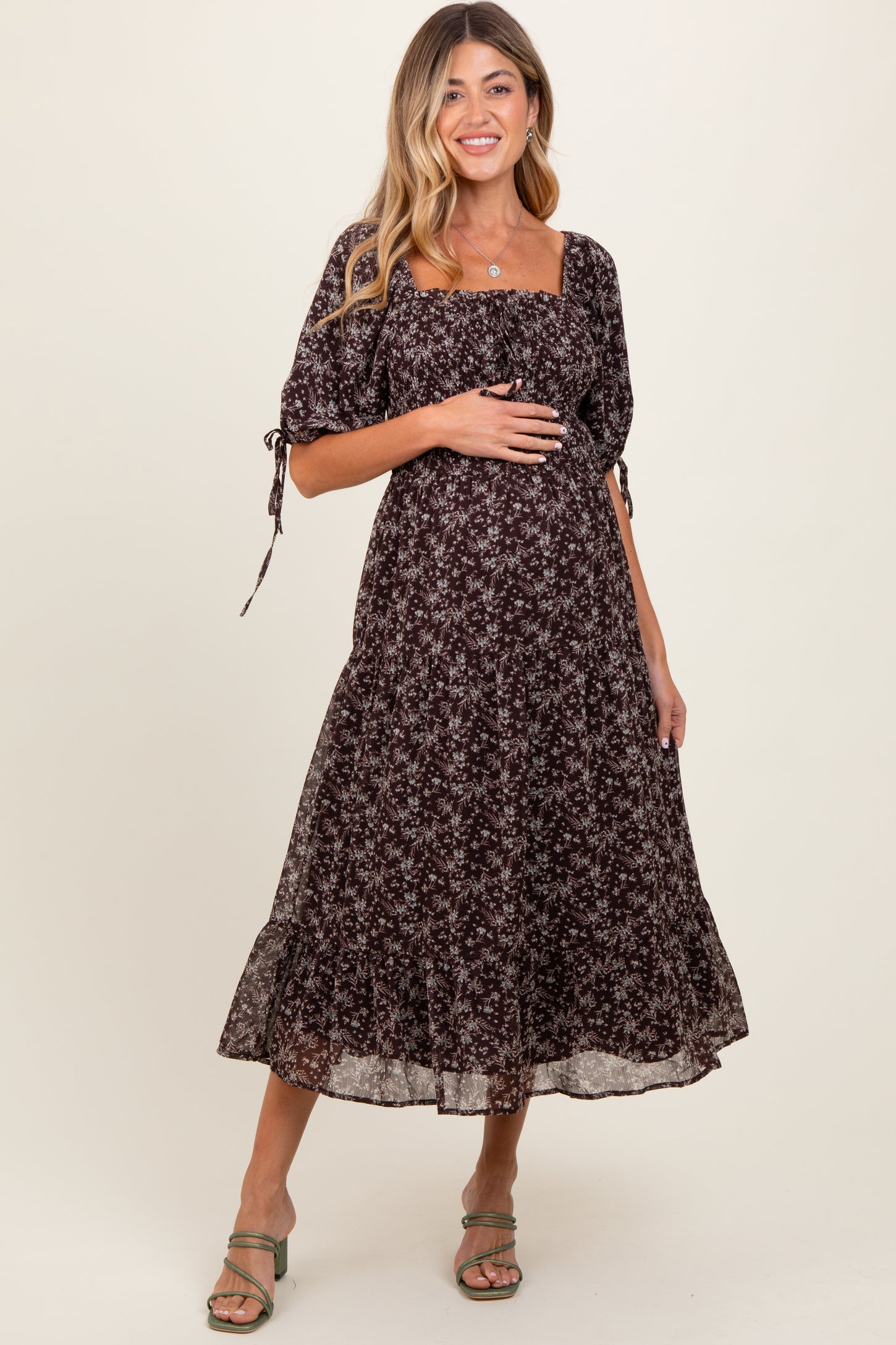 Dark Brown Floral Smocked Sleeve Tie Maternity Midi Dress PinkBlush Dark Brown Floral Smocked Sleeve Tie Maternity Midi Dress PinkBlush