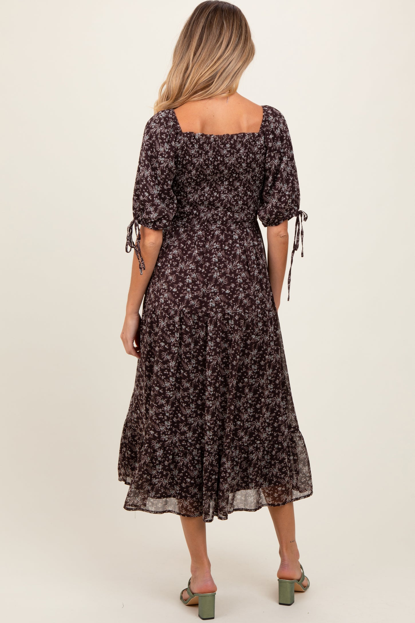 Dark Brown Floral Smocked Sleeve Tie Maternity Midi Dress Dark Brown Floral Smocked Sleeve Tie Maternity Midi Dress