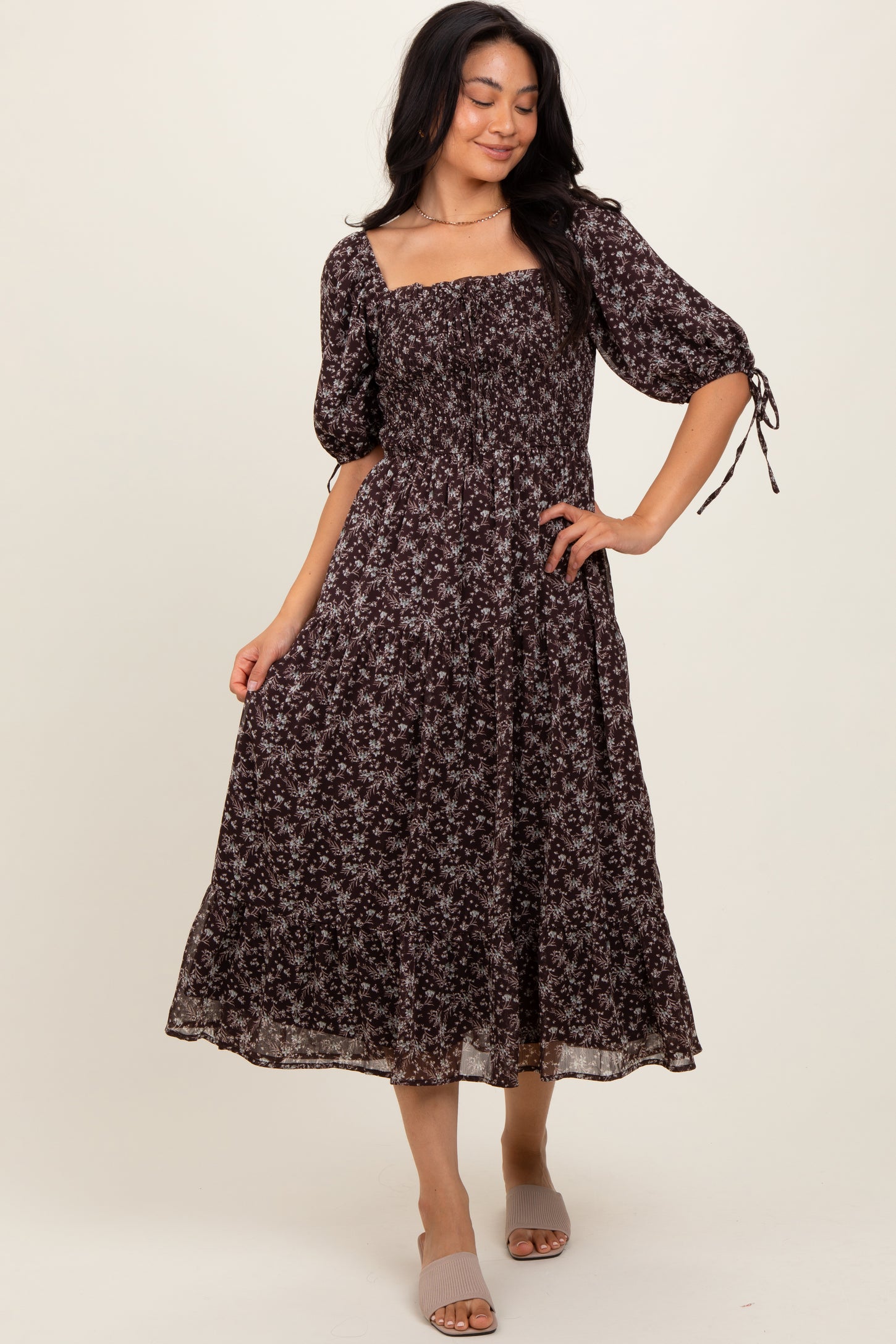 Dark Brown Floral Smocked Sleeve Tie Maternity Midi Dress – PinkBlush