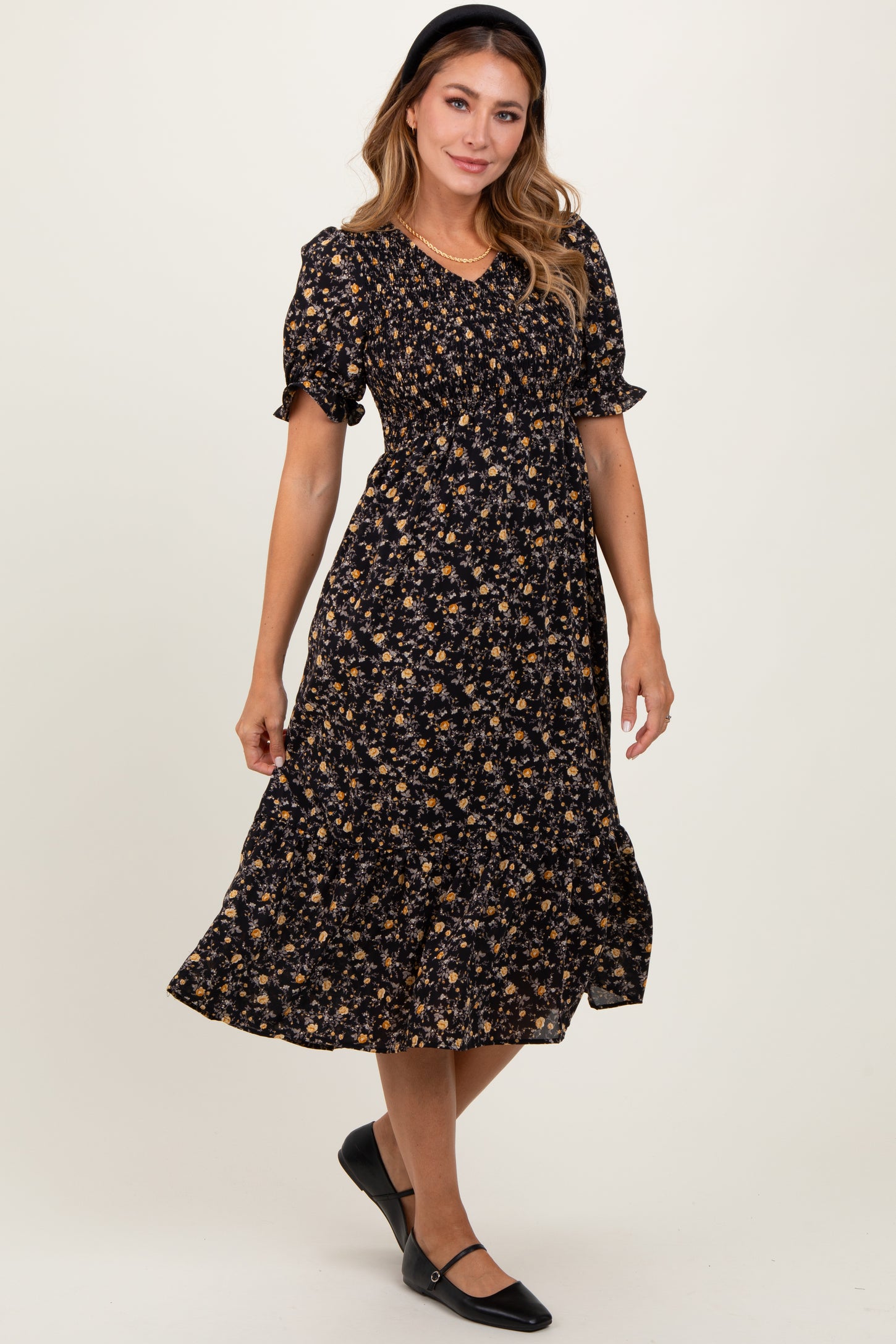 Black Floral Print Smocked Ruffle Hem Midi Dress