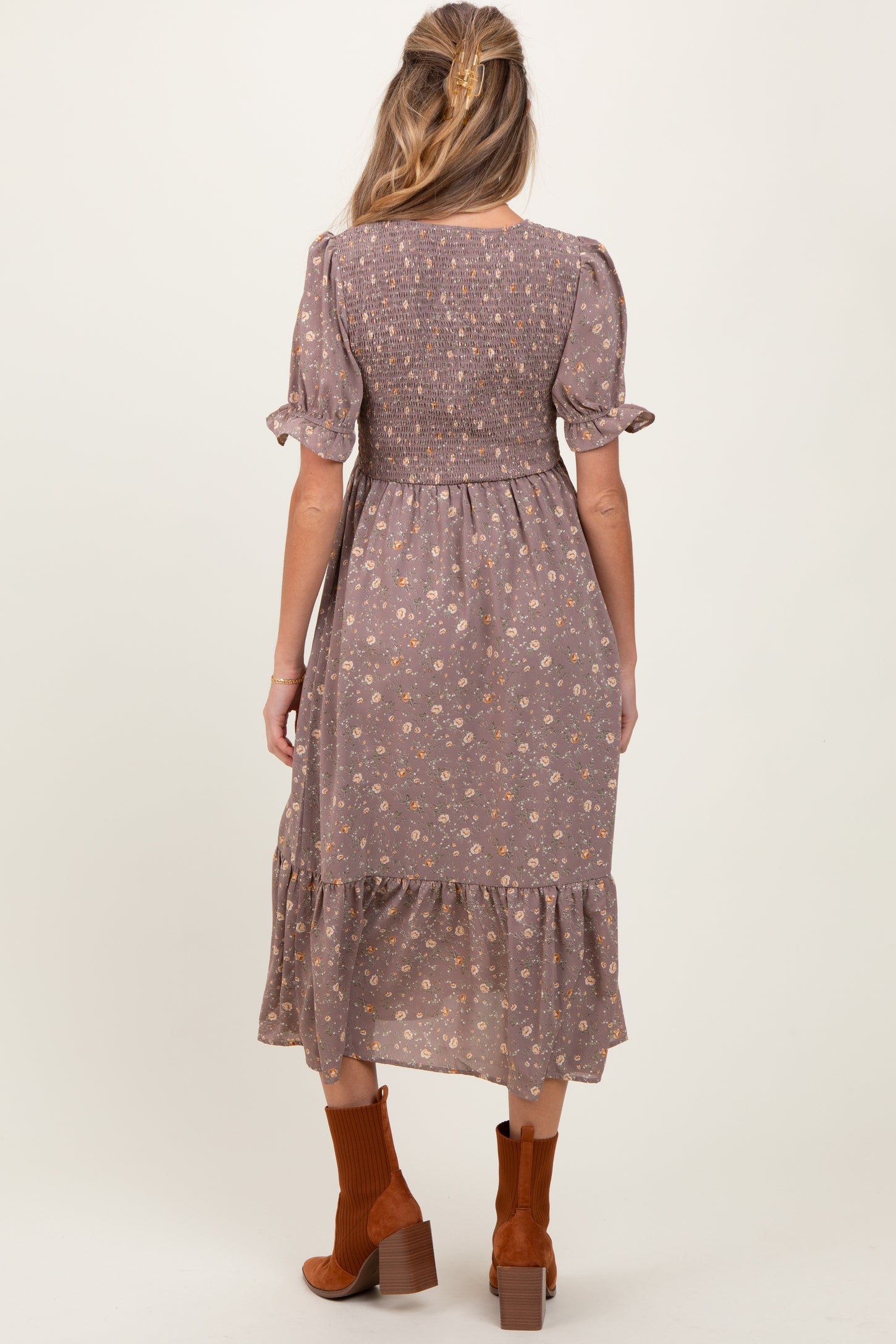 Mauve Floral Print Smocked Ruffle Hem Maternity Midi Dress