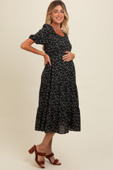 Black Micro Floral Maternity Midi Dress