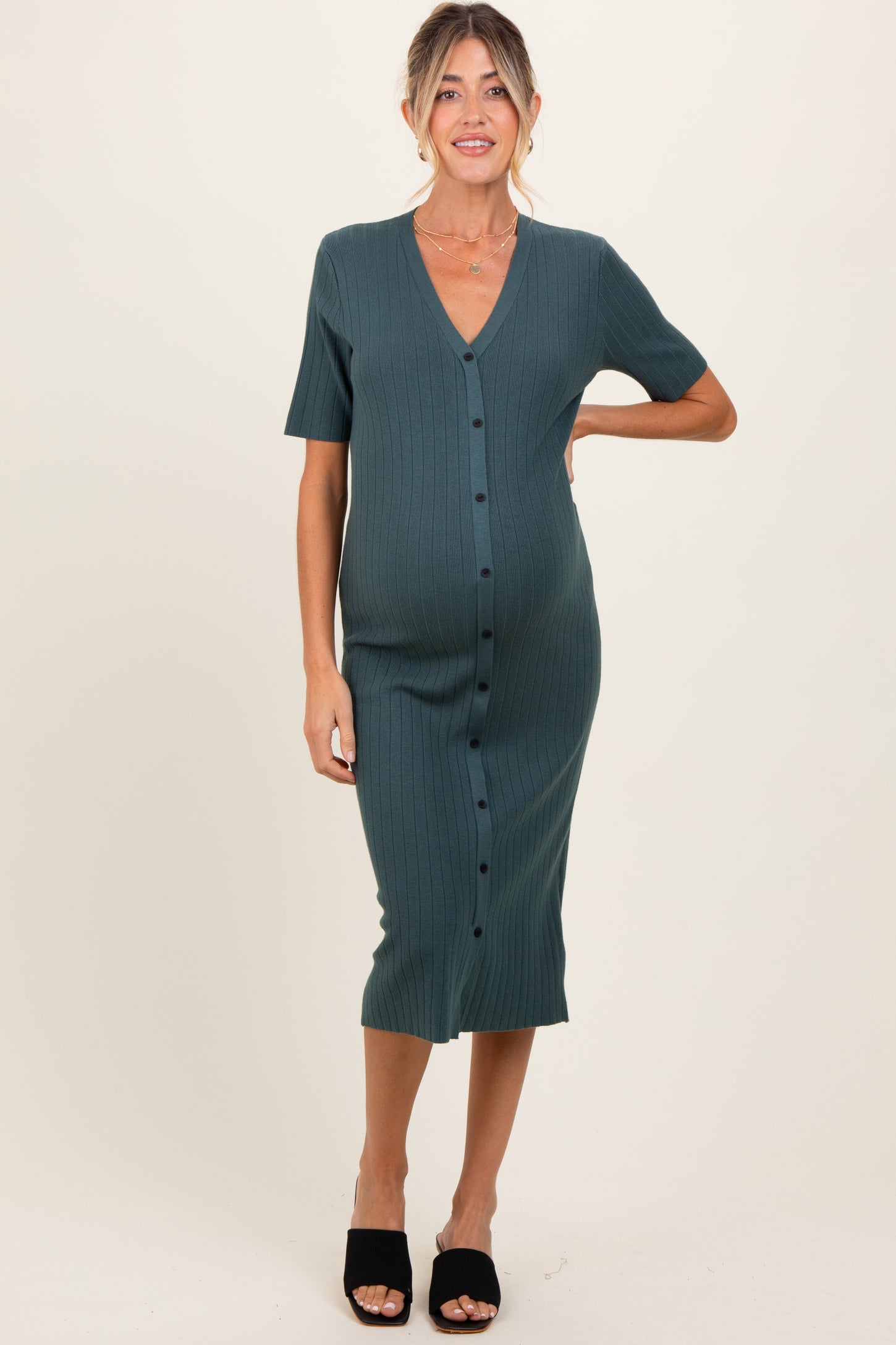Forest Green Button Down Maternity Sweater Midi Dress Forest Green Button Down Maternity Sweater Midi Dress