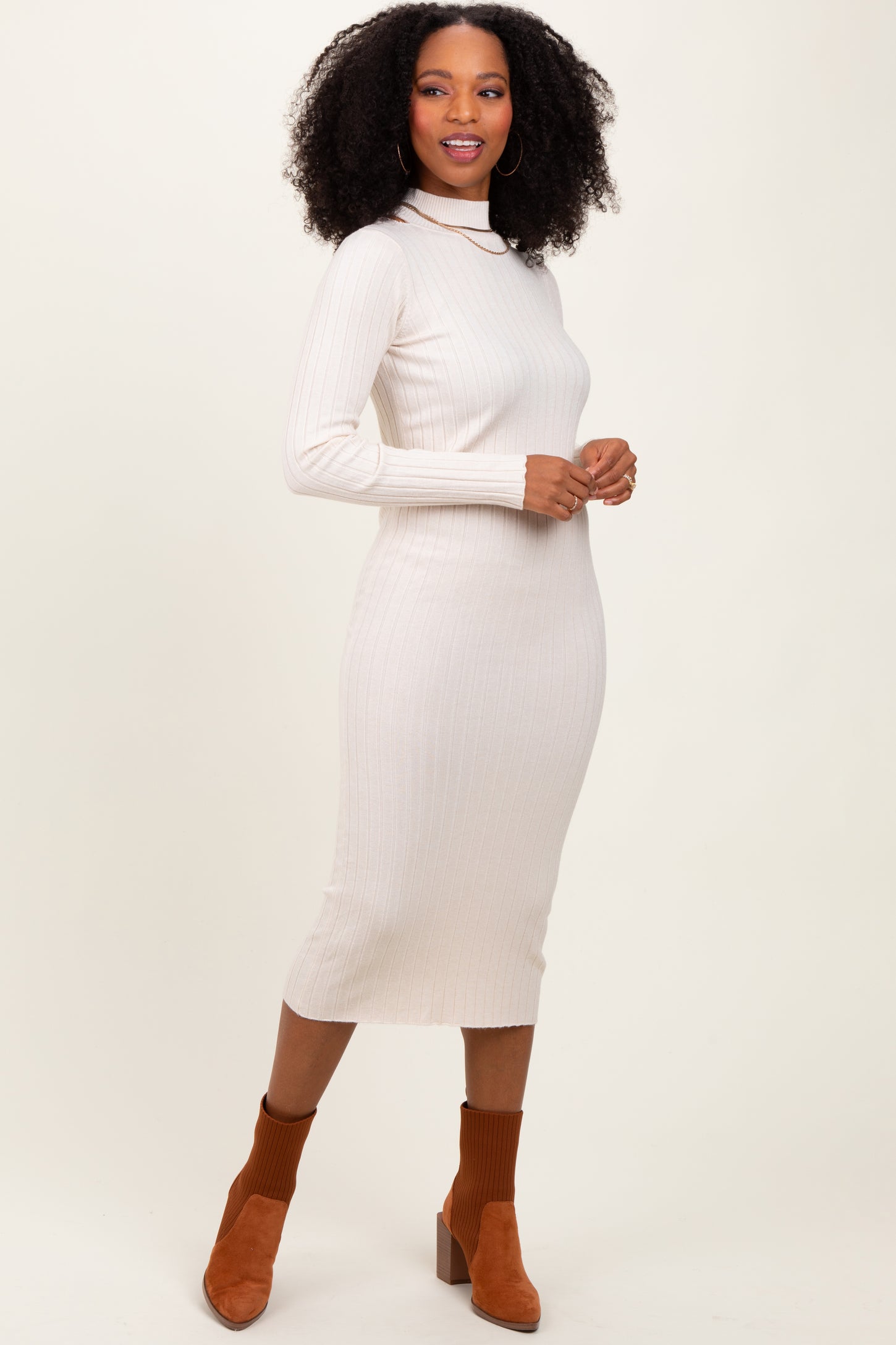 Beige Mock Neck Ribbed Maternity Sweater Dress PinkBlush Beige Mock Neck Ribbed Maternity Sweater Dress PinkBlush