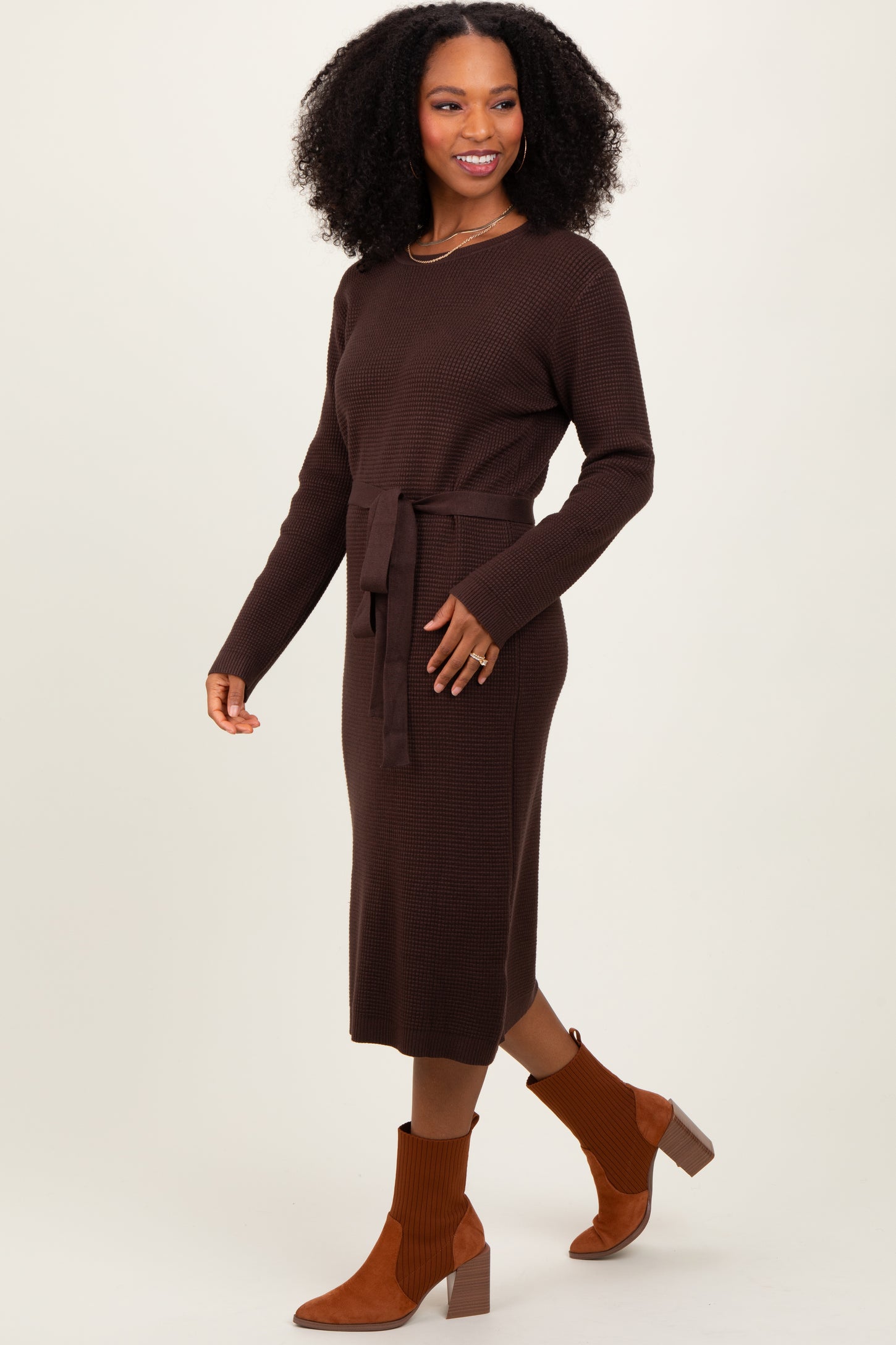 Brown Waffle Knit Sash Tie Midi Sweater Dress PinkBlush Brown Waffle Knit Sash Tie Midi Sweater Dress PinkBlush