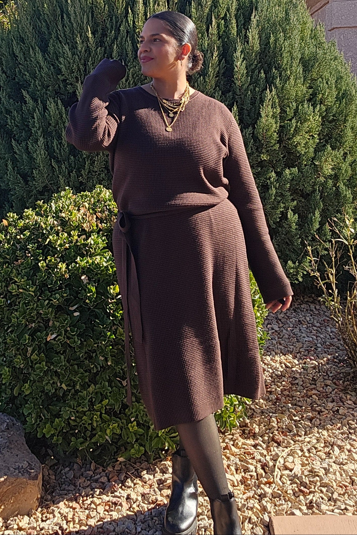 brown midi sweater dress Waffle Knit Sash Tie Black Suit & Navy smarttag_shoes Size Large Size:US 13.5