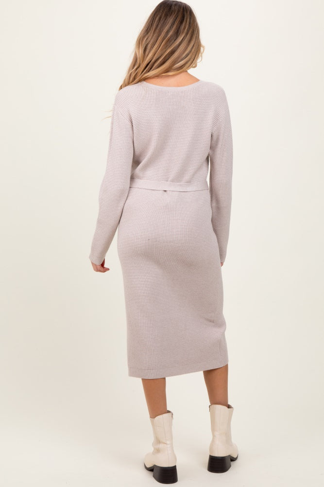 Taupe Waffle Knit Sash Tie Maternity Midi Sweater Dress Taupe Waffle Knit Sash Tie Maternity Midi Sweater Dress