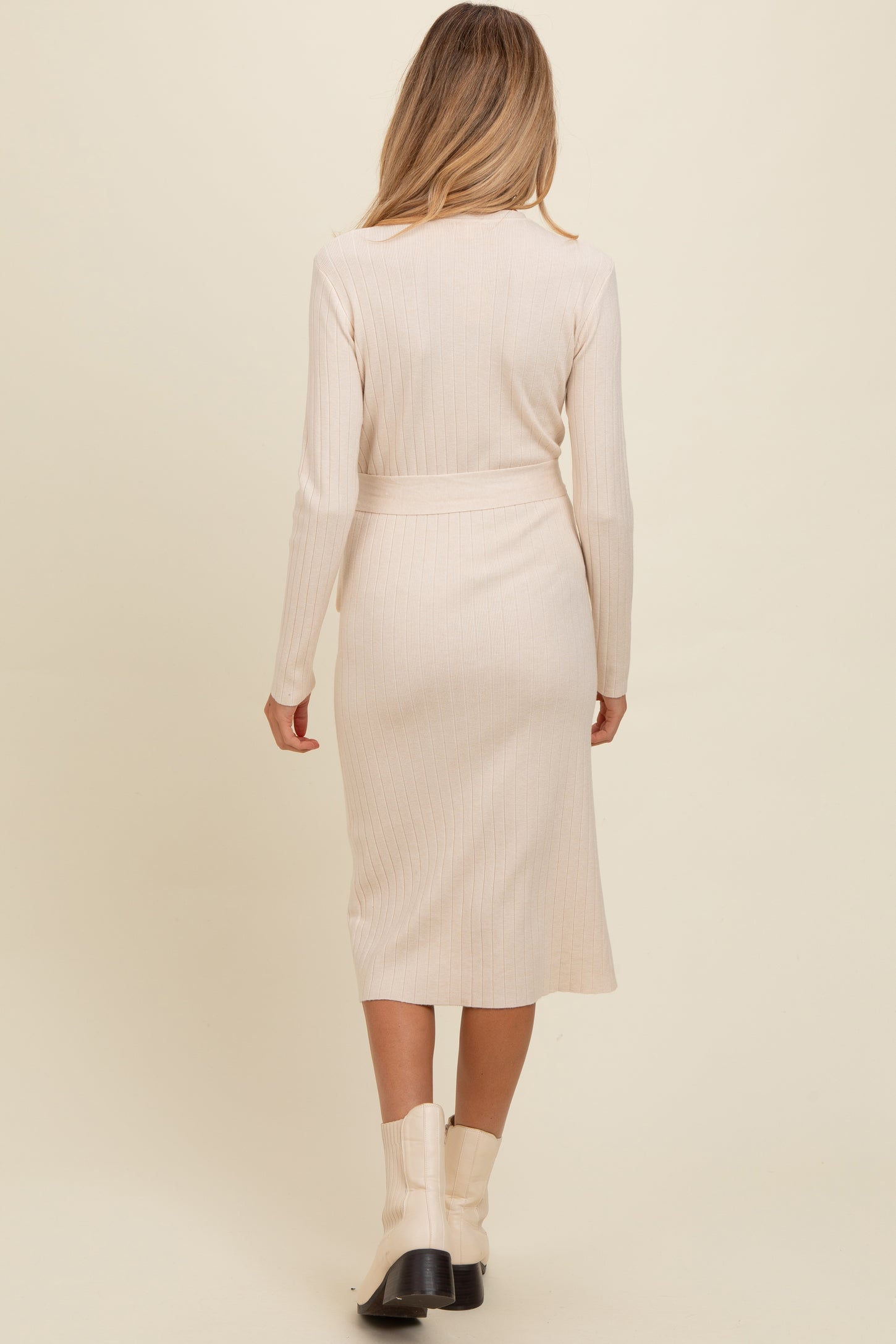 Cream Ribbed Sash Tie Maternity Midi Sweater Dress Cream Ribbed Sash Tie Maternity Midi Sweater Dress
