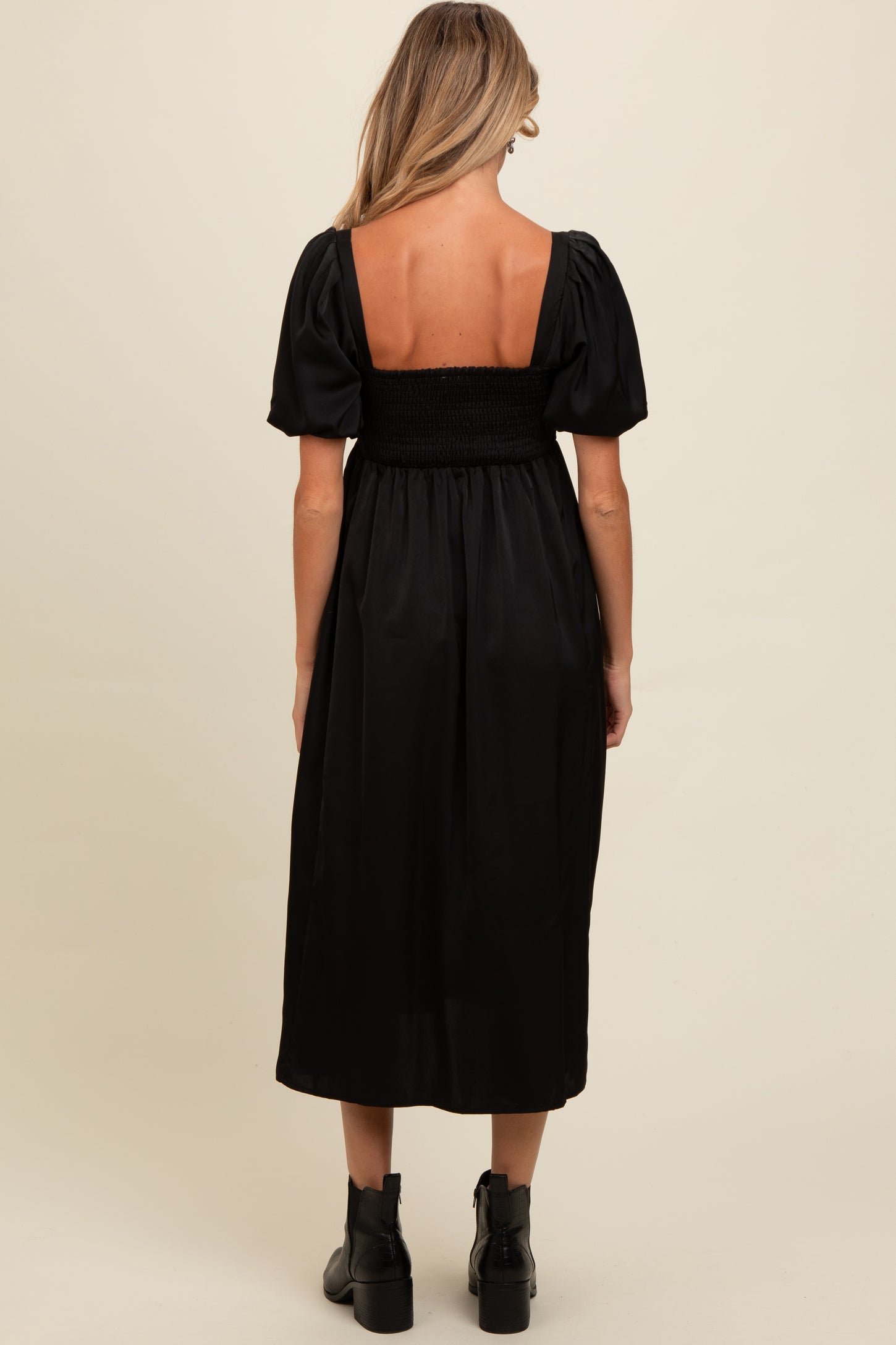 black satin pleated midi dress Ulla Johnson Reine Pleated Gown