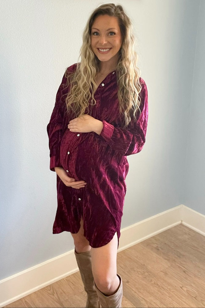 Burgundy Crinkled Velvet Button Down Maternity Shirt Dress PinkBlush Burgundy Crinkled Velvet Button Down Maternity Shirt Dress PinkBlush