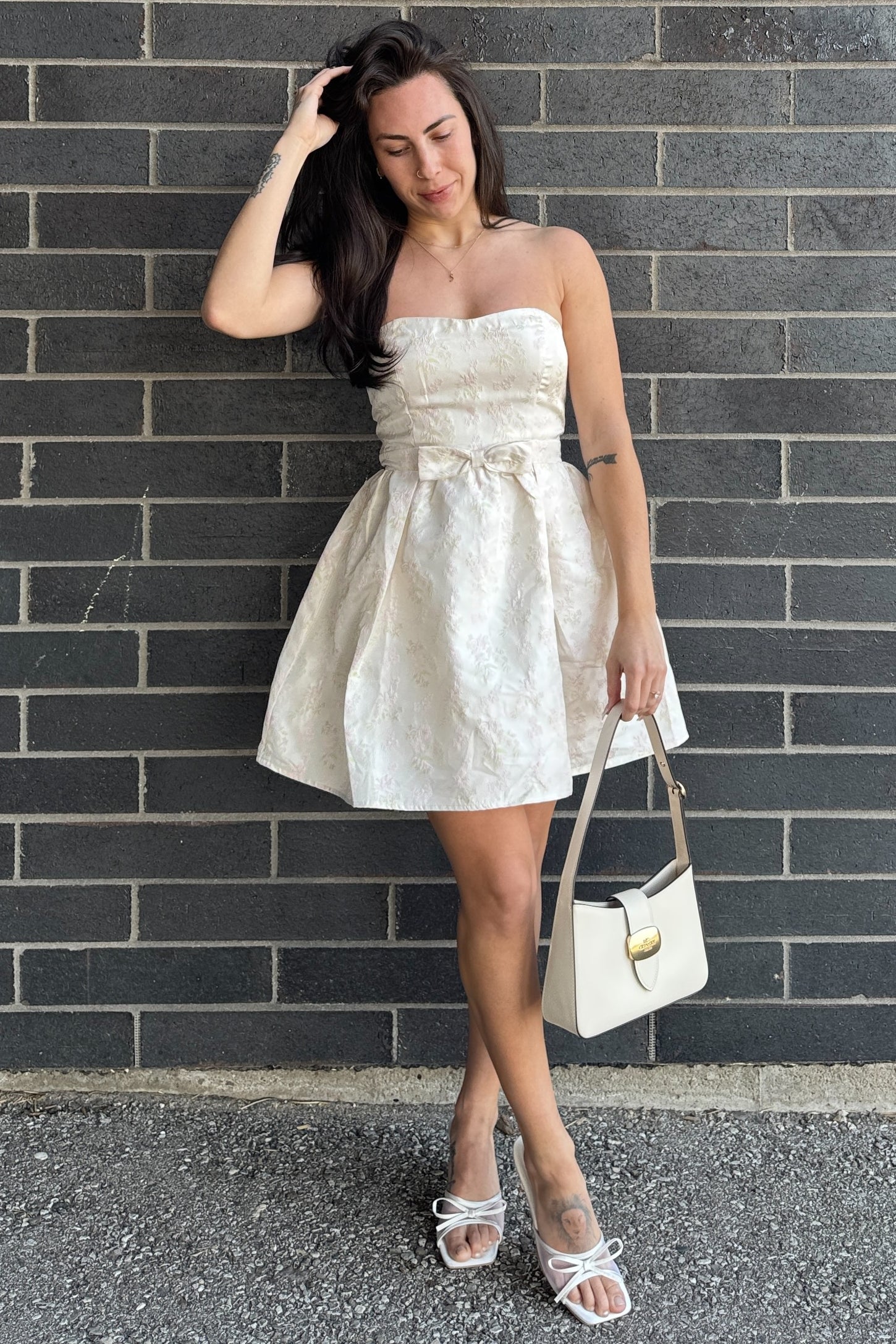 Cream Pink Floral Embossed A Line Mini Dress