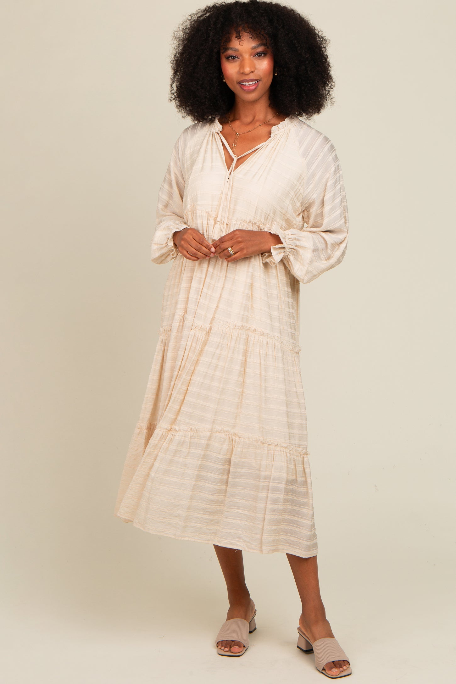 Cream Striped Front Tassel Tie Tiered Midi Dress – PinkBlush