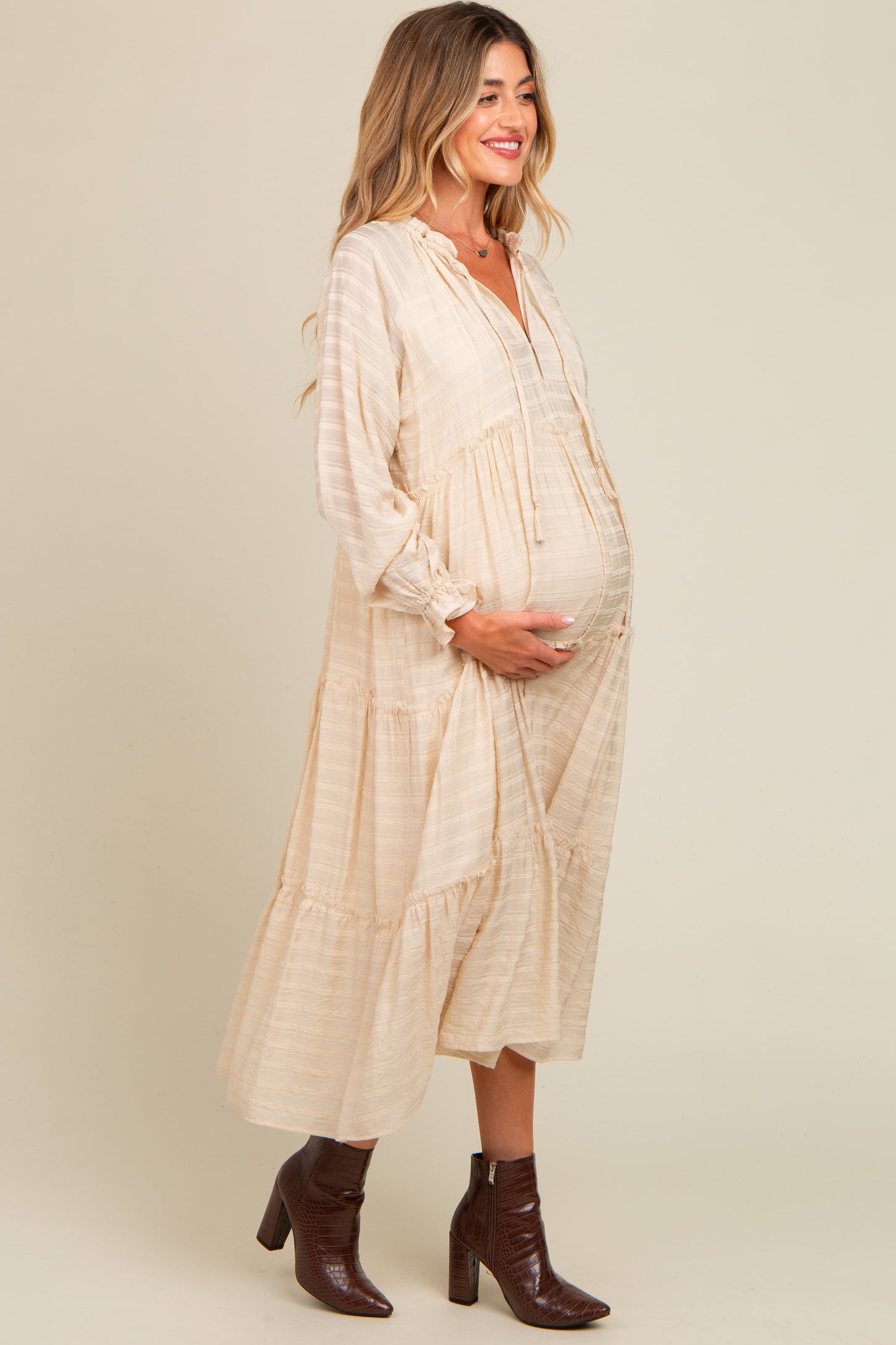 Cream Striped Front Tassel Tie Tiered Maternity Midi Dress PinkBlush Cream Striped Front Tassel Tie Tiered Maternity Midi Dress PinkBlush