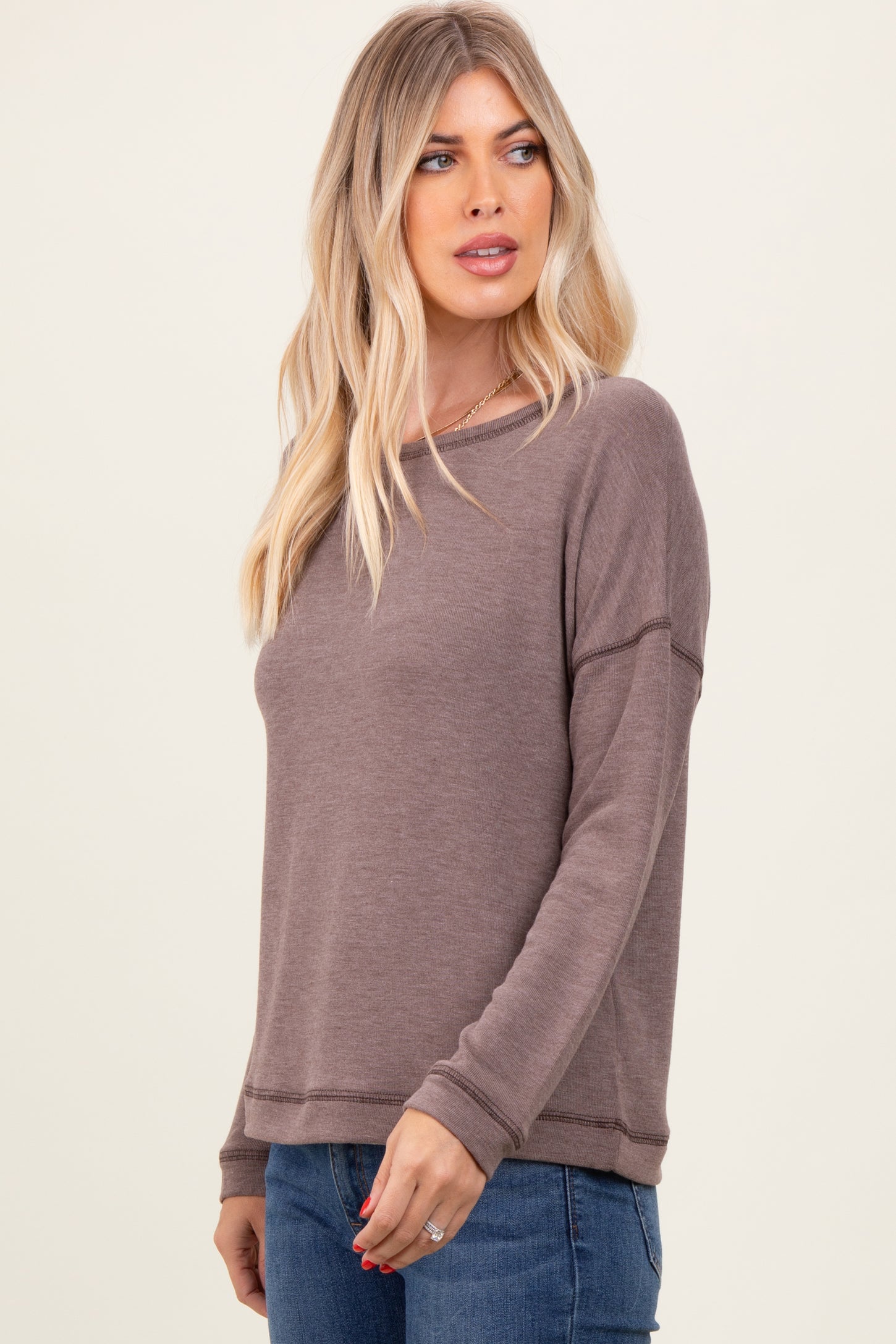 Mocha Stitch Detail Long Sleeve Top