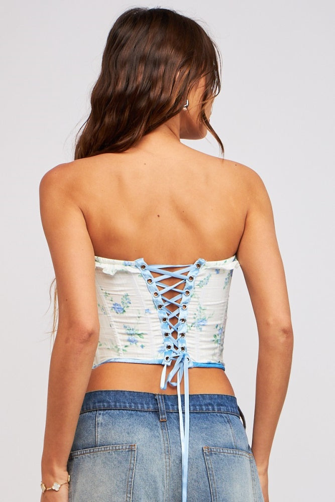 Blue Garden Floral Underwire Corset Back Tie Crop Top