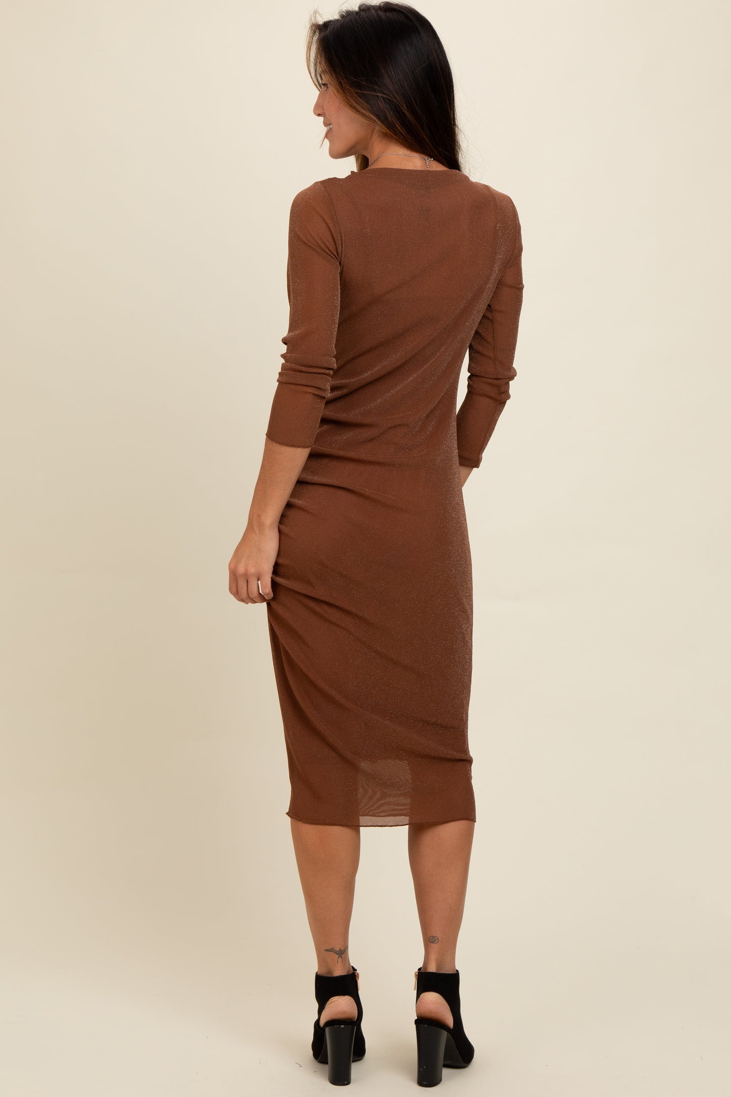 Brown Shimmer Mesh Long Sleeve Ruched Midi Dress – PinkBlush