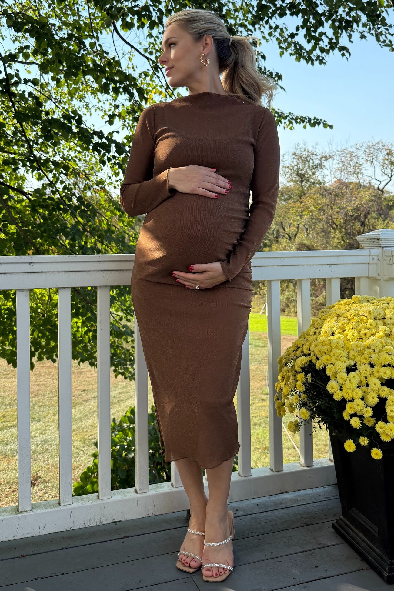 Brown Shimmer Mesh Long Sleeve Ruched Maternity Midi Dress Brown Shimmer Mesh Long Sleeve Ruched Maternity Midi Dress