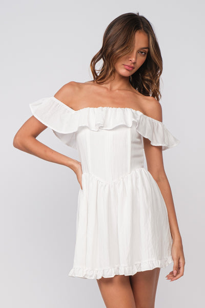white ruffle off the shoulder dress Exquisite Off-Shoulder with a Unique Collar EU42 shoulder cute homecoming dress White Ruffle Off Shoulder Drop-Waist