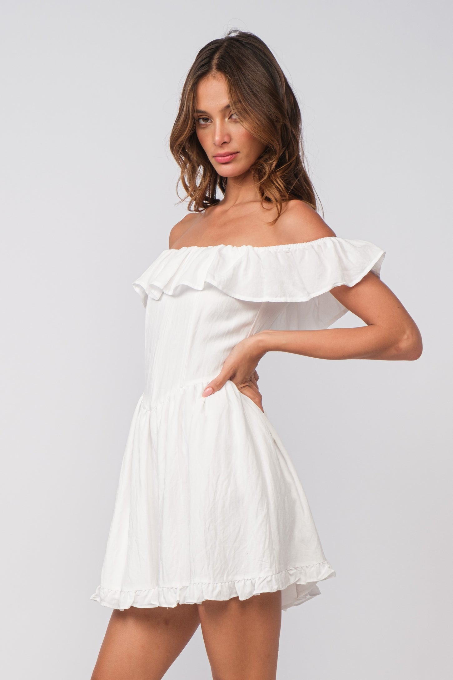 White Ruffle Off Shoulder Drop-Waist Mini Dress PinkBlush White Ruffle Off Shoulder Drop-Waist Mini Dress PinkBlush