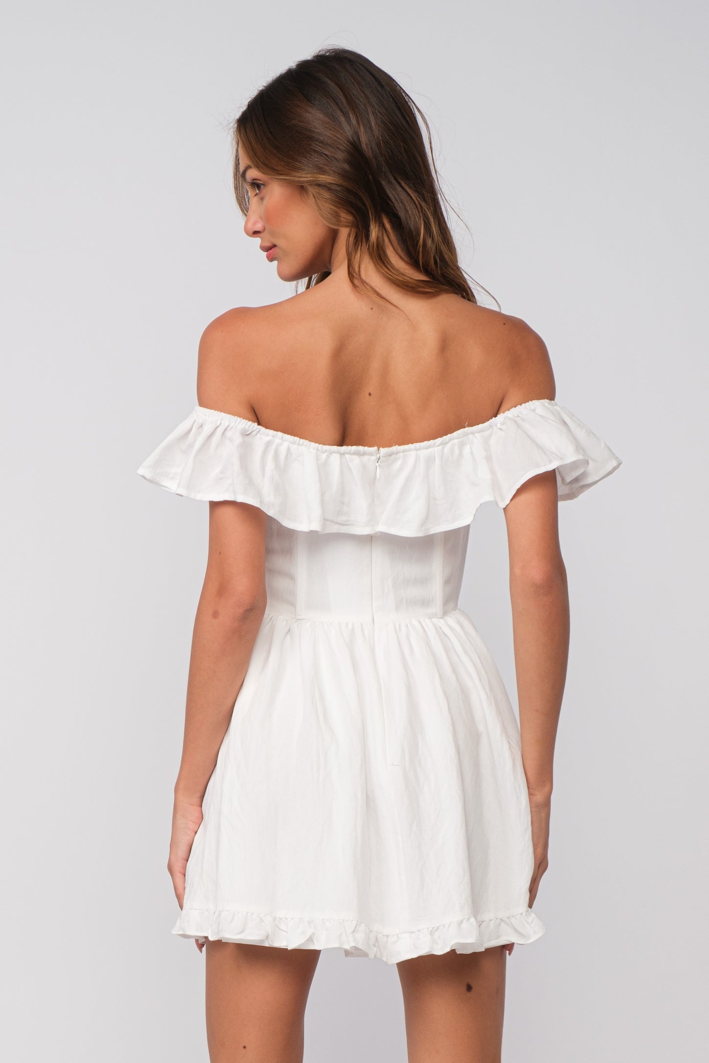 White Ruffle Off Shoulder Drop-Waist Mini Dress PinkBlush White Ruffle Off Shoulder Drop-Waist Mini Dress PinkBlush