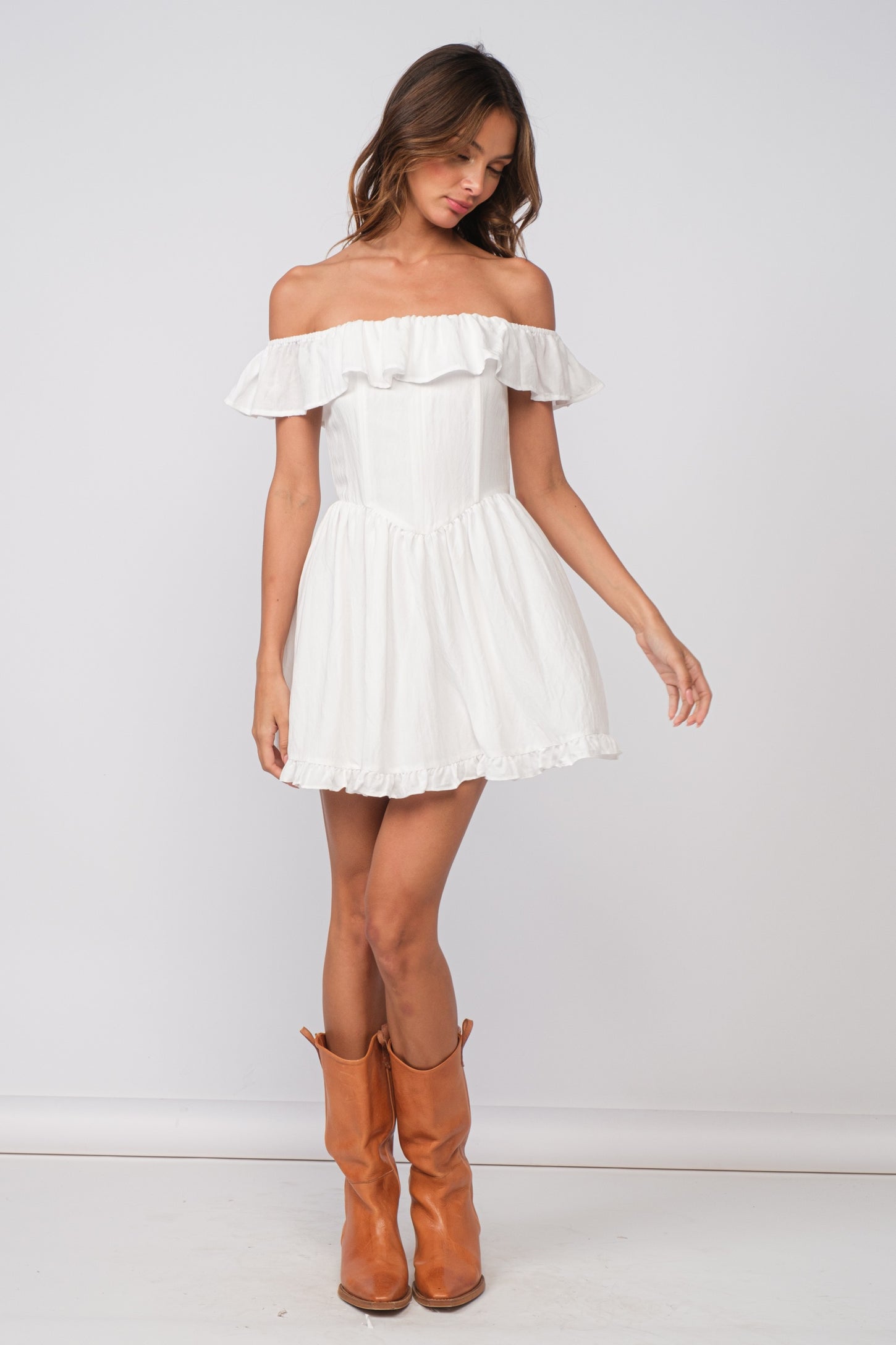White Ruffle Off Shoulder Drop-Waist Mini Dress PinkBlush White Ruffle Off Shoulder Drop-Waist Mini Dress PinkBlush